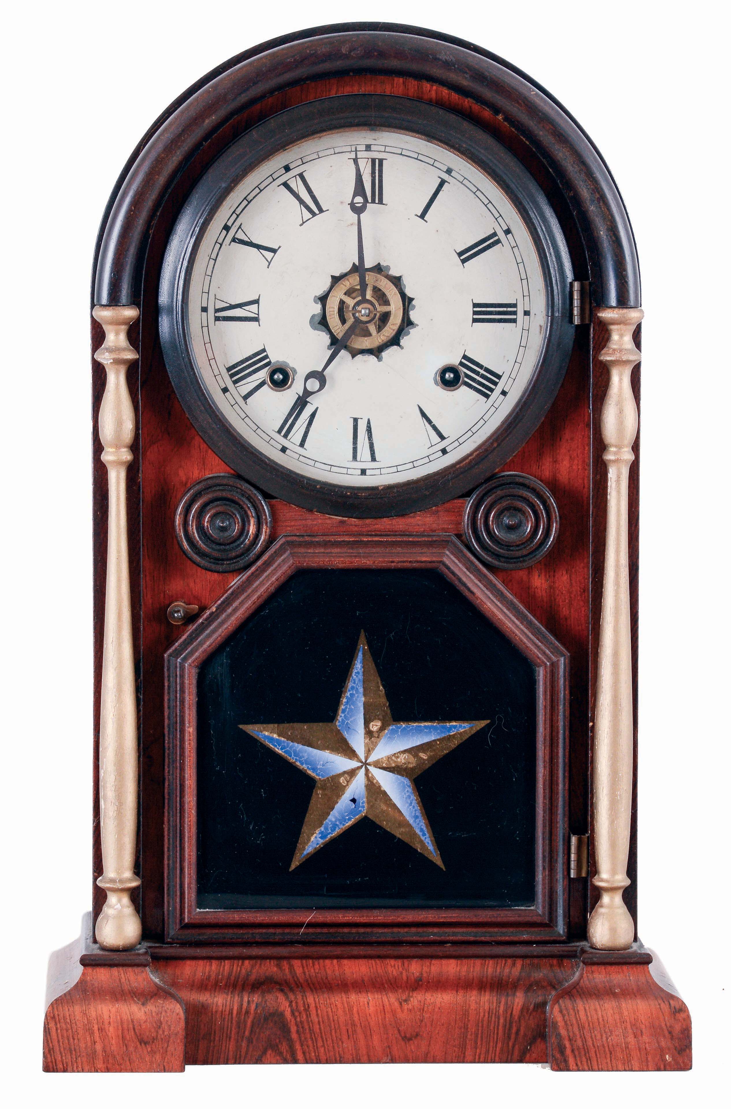 Welch, Spring & Co., Forestville, Conn., "Italian No. 1", 8 days, time, strike and alarm, spring driven brass movement shelf clock, c1878 — Antique Clocks Price Guide