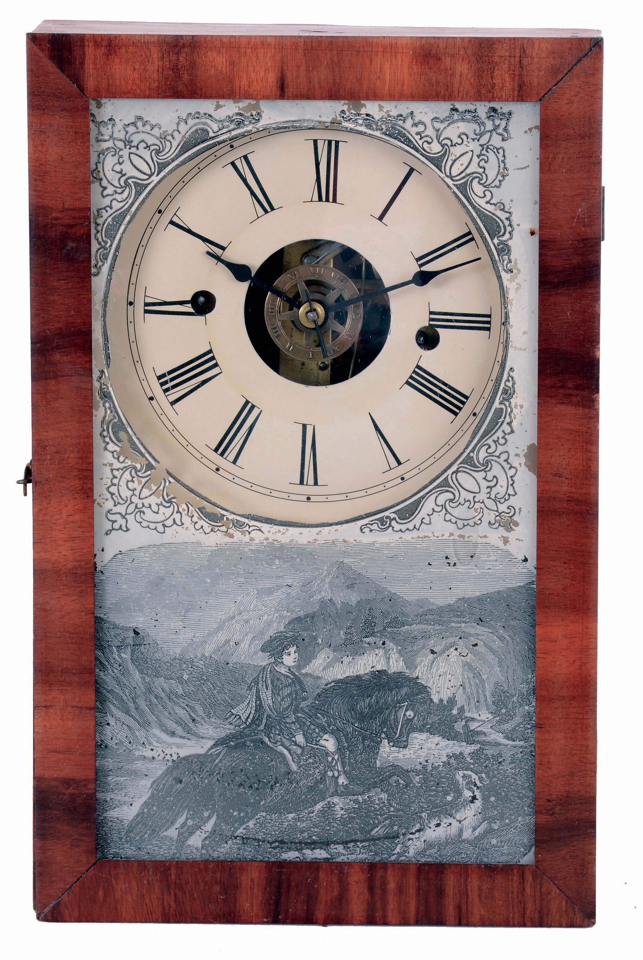 Ansonia Clock Co., Ansonia, Conn., Cigar Box shelf clock in mahogany veneer with correct Terry & Andrews, Bristol. Conn. 30 hours, spring driven, time and alarm movement, c1850. — Antique Clocks Price Guide