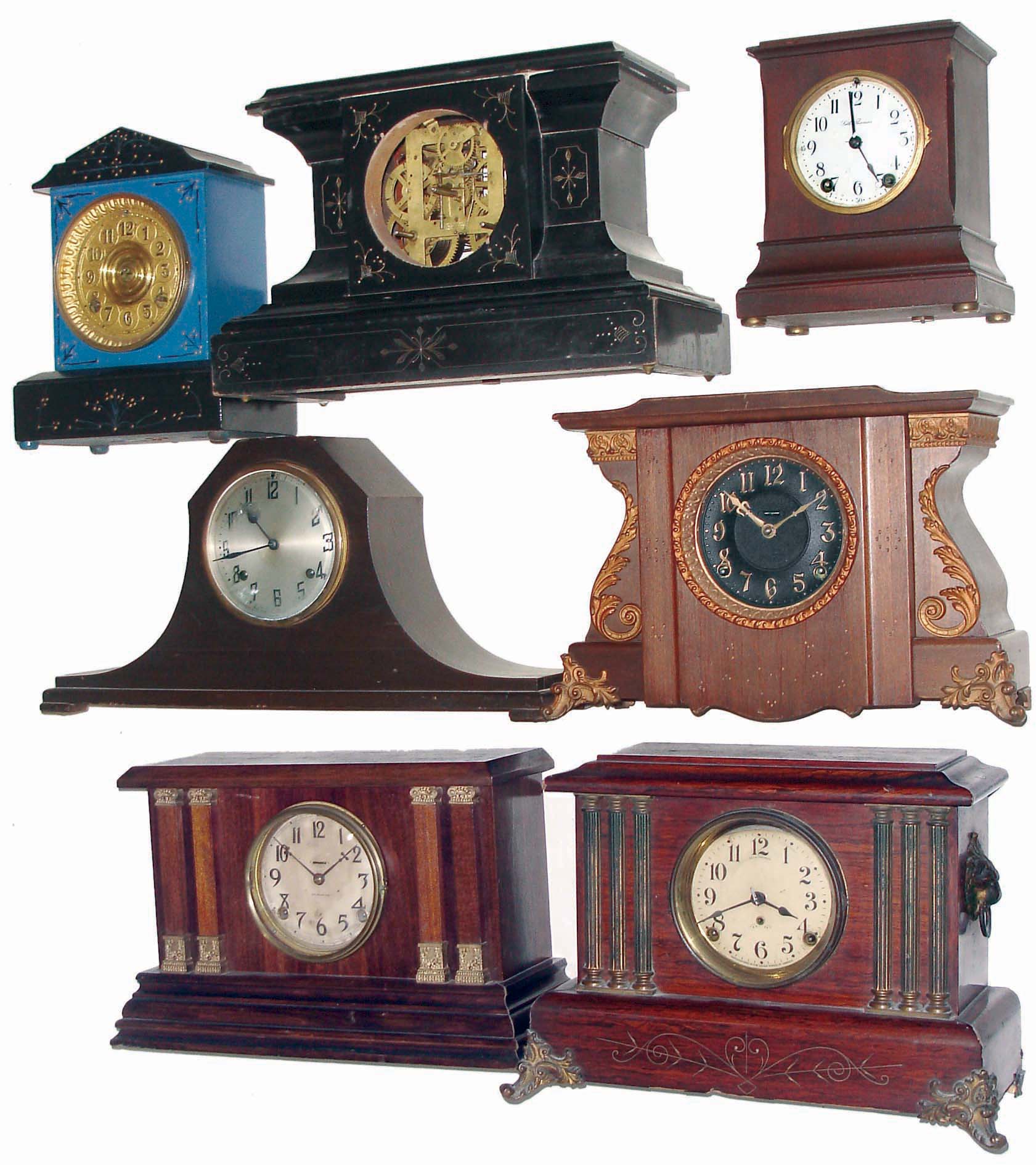 Clocks- 11 (Eleven), 8 days, time and strike, mostly wooden case Connecticut mantel clocks: makers include Ingraham, Seth Thomas, Ansonia (1 enameled iron); and New Haven. All antique, late 19th century — Antique Clocks Price Guide