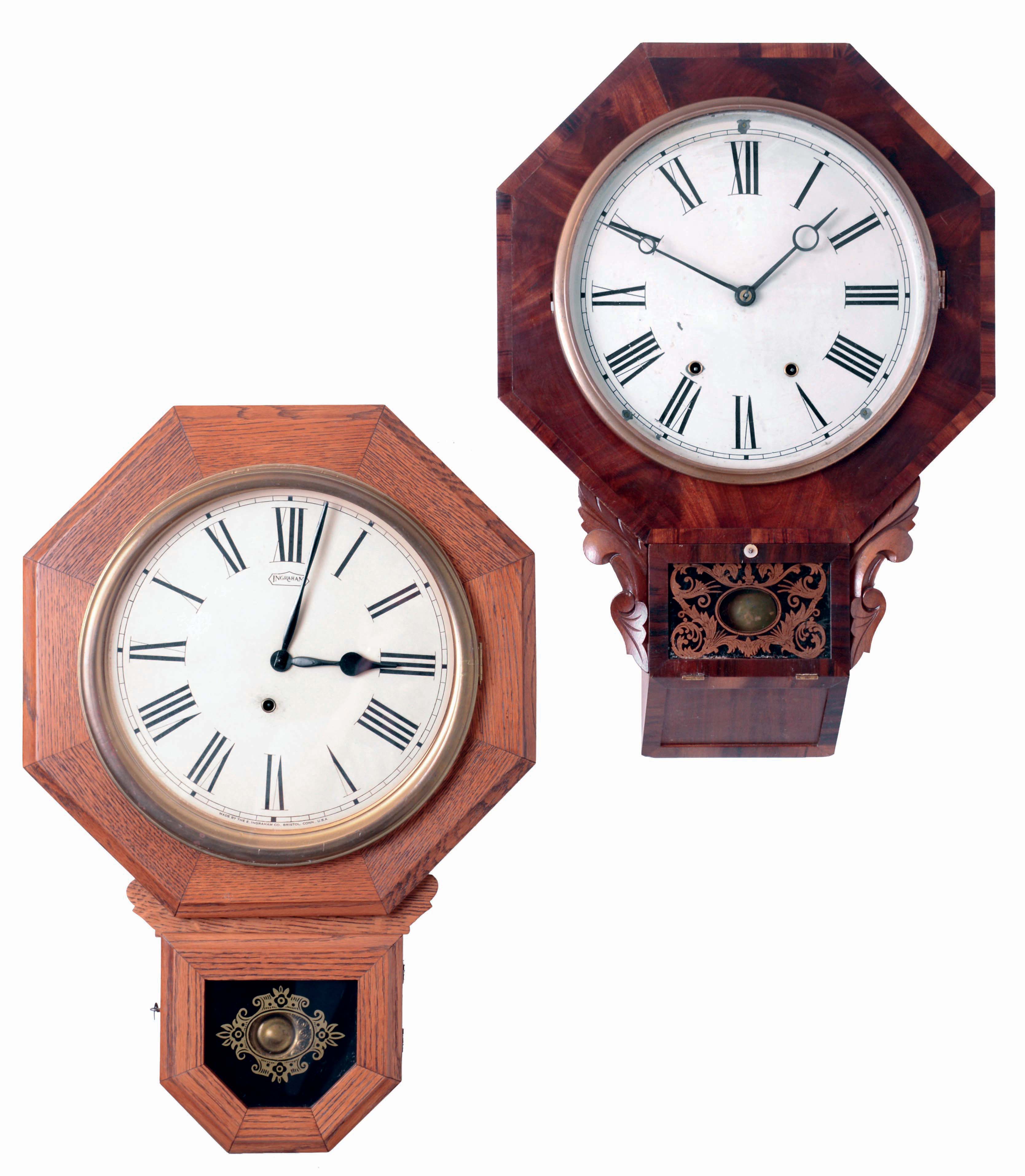 Clocks- 4 (Four) American: (1) New Haven Clock Co., New Haven, Conn., "Octagon Drop" wall clock in a mahogany case with a spring driven, 8 days time and strike movement; c1870. (2) Gilbert Clock Co., Winsted, Conn Store Regulator (similar to the "Observatory" model) wall clock in an oak case with a spring driven, 8 days timepiece movement, c1915. (3) Ingraham Clock Co., Bristol, Conn "Bristol" hanging clock in an oak case with a spring driven, 8 days timepiece movement, c1934; (4) Ansonia Clock Co., Brooklyn, NY, "Regulator A" wall clock in a wood case with a spring driven, 8 days time and strike movement, c1920. — Antique Clocks Price Guide