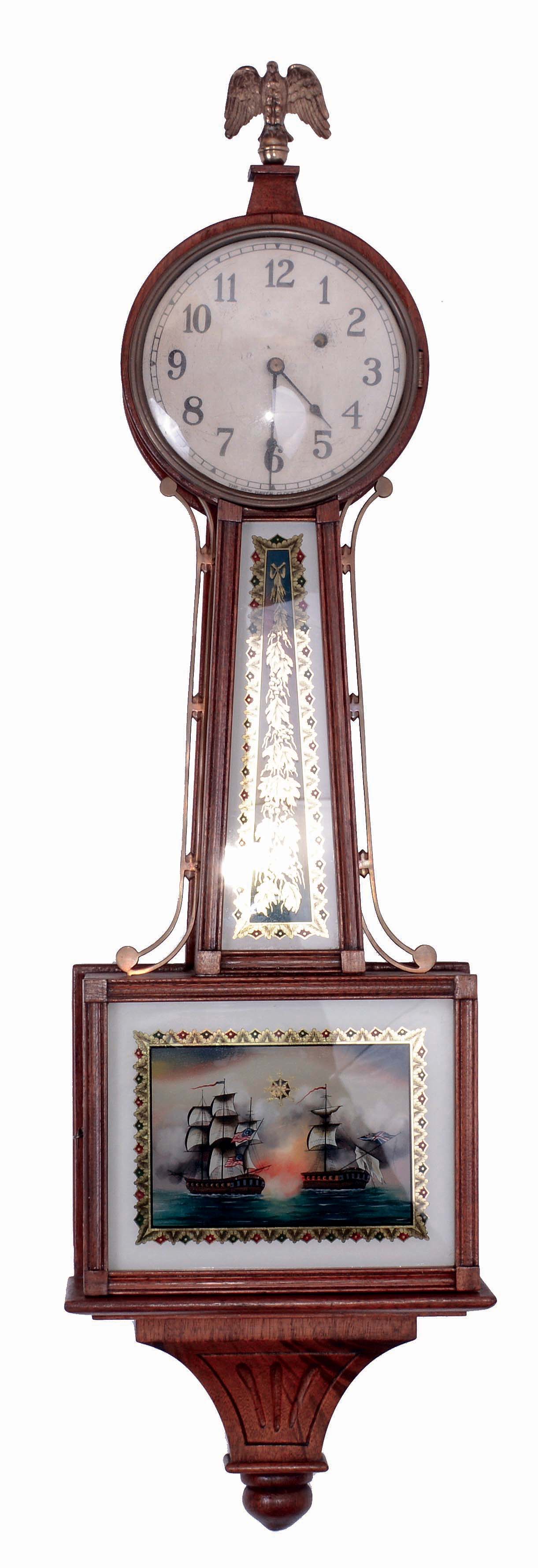 New Haven Clock Co., New Haven, Conn.; "Willard", 8 days, weight driven brass movement banjo timepiece with bracket, c1925 — Antique Clocks Price Guide