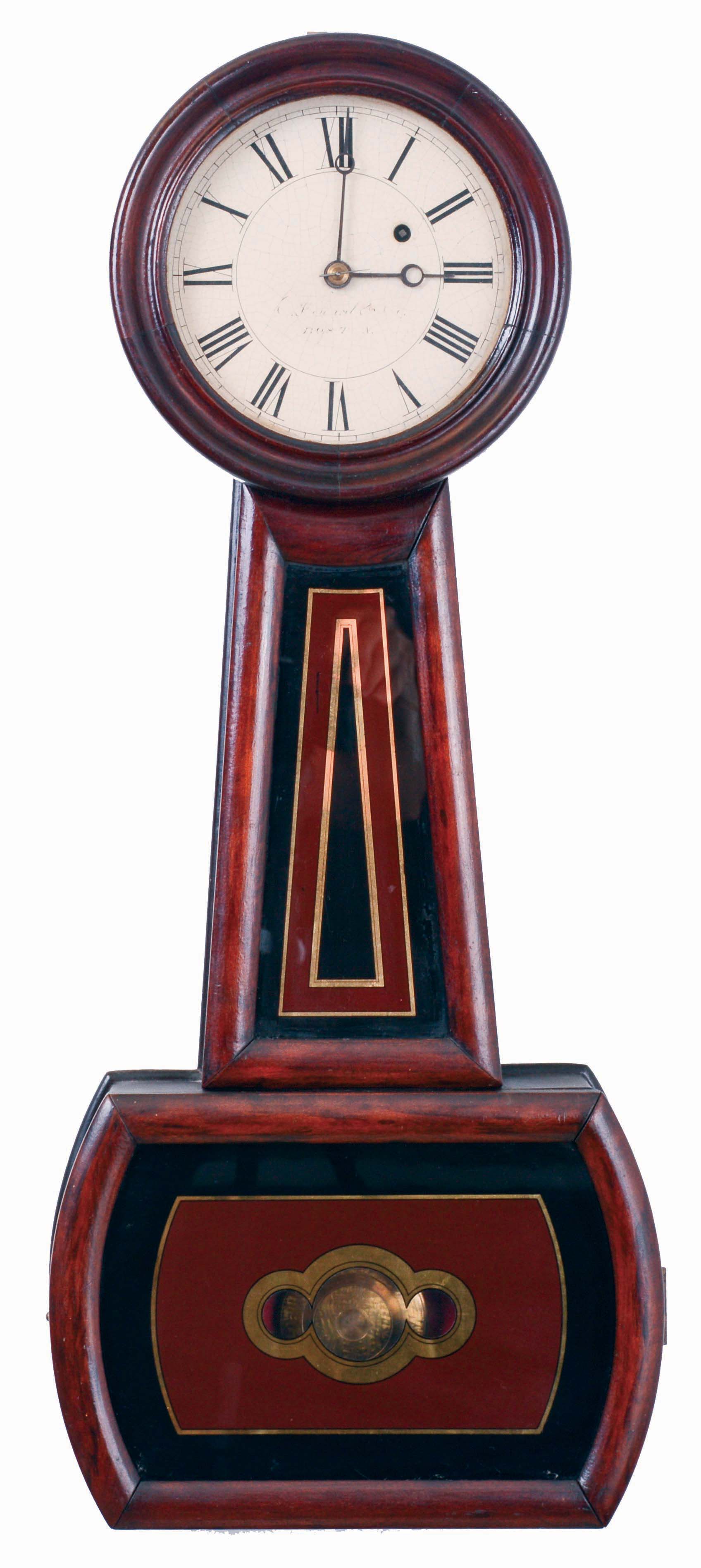 E. Howard & Co., Boston, Mass., "No 5. Regulator" banjo clock, cherry case, turned wooden bezel, and rosewood graining, Roman numeral white painted dial, blued steel hands. Properly signed weight driven, 8 days, timepiece movement, c1900 — Antique Clocks Price Guide