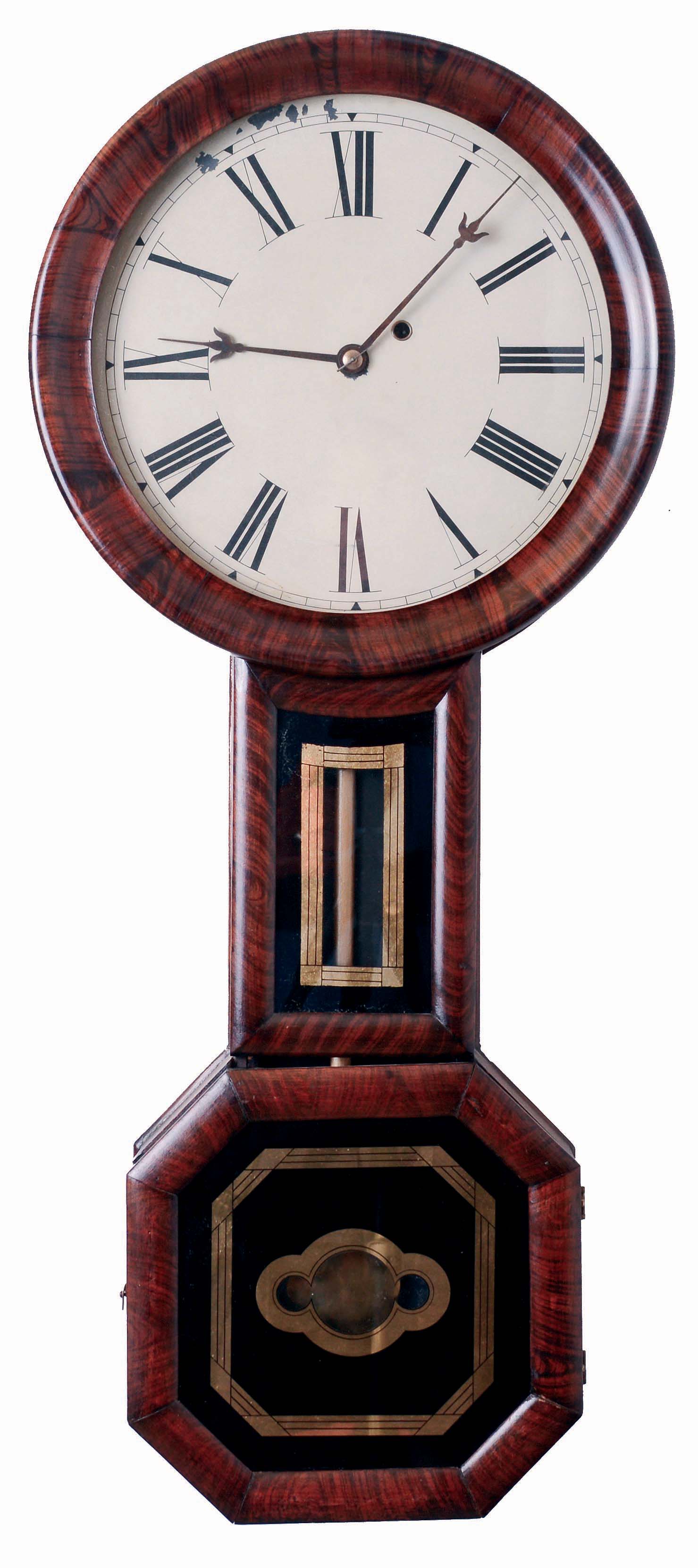 "Baltimore" style banjo wall clock, 8 days, time only, weight driven movement in a rosewood grain painted case with painted metal dial and reverse painted throat and lower tablets, c1860 — Antique Clocks Price Guide