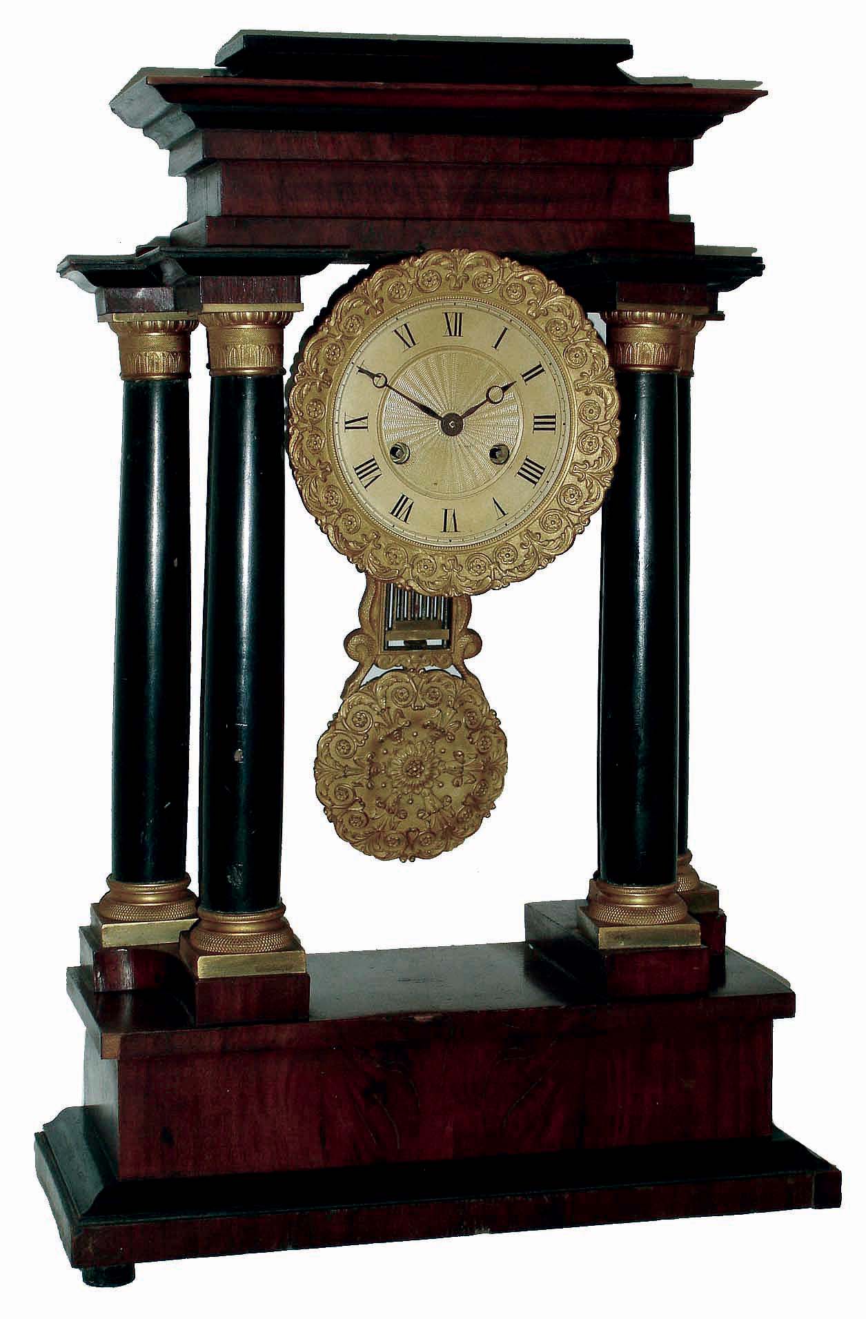 Clocks- 5 (Five) 8 day: French, time and strike, stained and enameled hardwood and cast brass portico mantel clock, c1870; French white marble, time and strike mantel clock, Japy Freres movement 1855 Medaille; Seth Thomas 4-jewel small mahogany, time only desk clock; Seth Thomas round-top Adamantine time and strike; Seth Thomas "Sharon 10W" steeple shelf clock with spring driven, 8 days, time & strike movement c1961; 19th and 20th centuries — Antique Clocks Price Guide