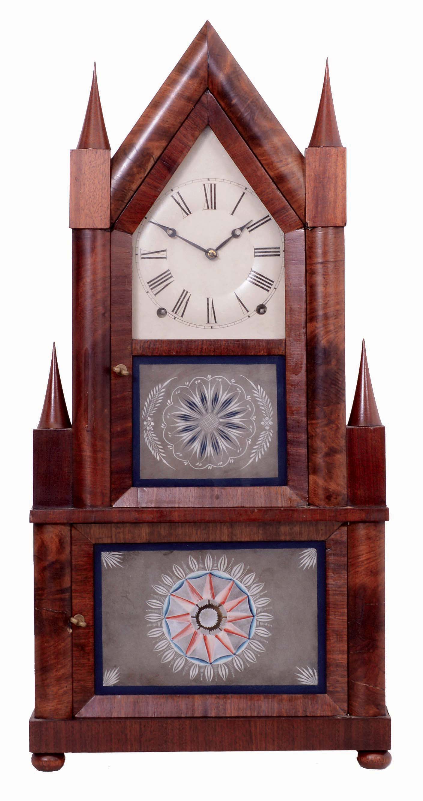 Terry & Andrews, East Bristol, Conn. "Steeple on Steeple" mahogany shelf clock with 8 days, time and strike, brass lyre movement, c1848. — Antique Clocks Price Guide