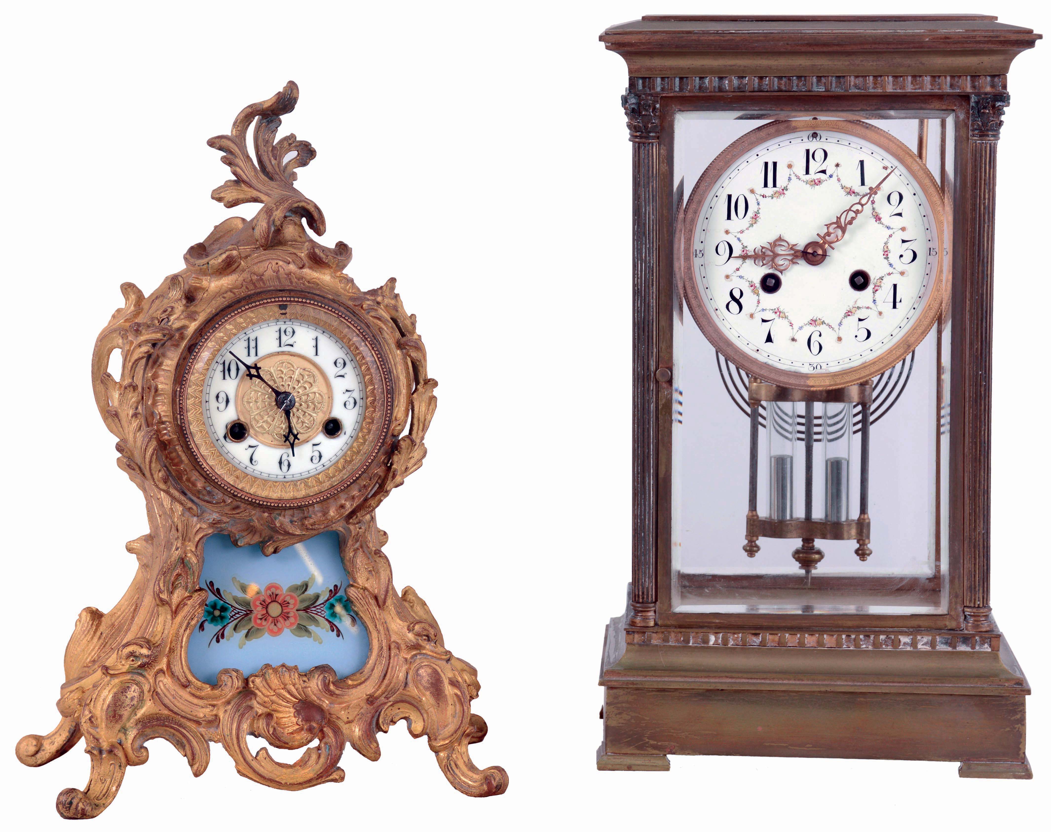Clocks- 2 (Two): (1) Waterbury Clock Co., Waterbury, Conn., "Seine", 8 days, time and strike, spring driven brass movement mantel clock c1905. (2) French, 8 days, time and strike, spring driven brass movement crystal regulator shelf clock, c1900. — Antique Clocks Price Guide