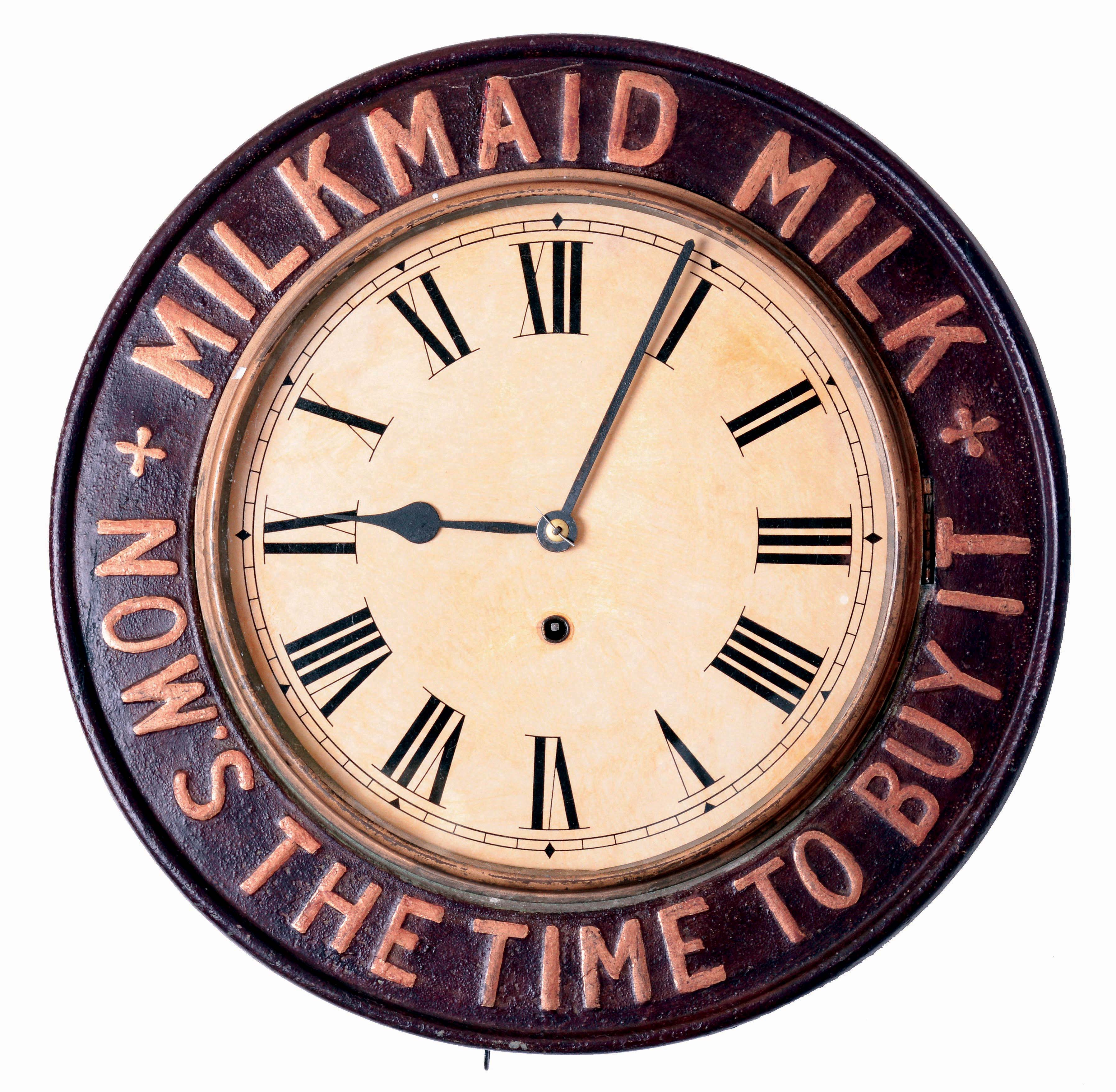 England, British United Clock Co., Birmingham, 8 days, spring brass movement wall timepiece advertising Milkmaid Milk. — Antique Clocks Price Guide