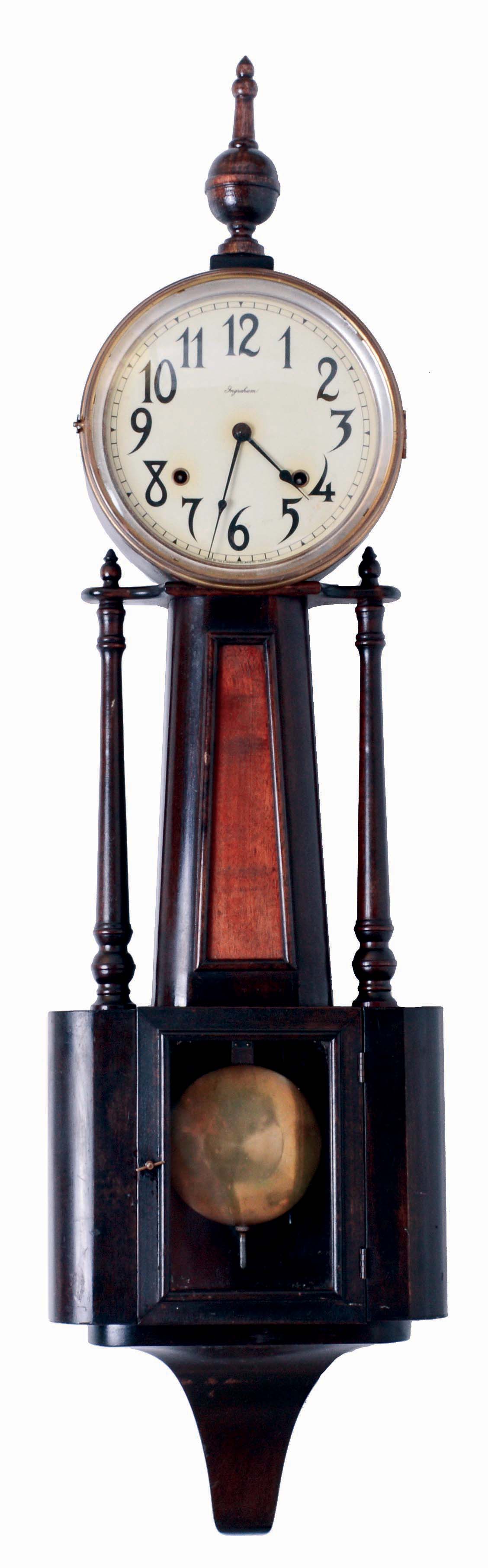 Clocks- 2 (Two): (1) New Haven Clock Co., "Waring", 8 days, time and strike, spring driven brass movement banjo clock. (2) E. Ingraham & Co., "Nile", 8 days, time and strike, spring driven brass movement banjo clock, c1915 — Antique Clocks Price Guide