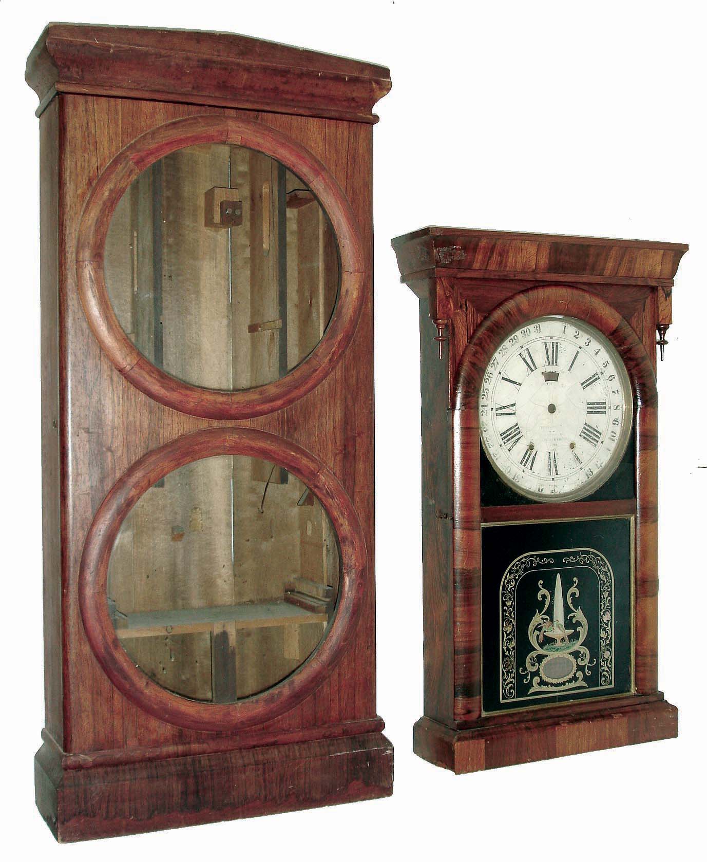 Clocks- 5 (Five): (1) Ansonia Brass & Copper Co., Ansonia, Conn. 8 days, time and strike, weight driven brass calendar movement shelf clock case (only), c1870; (2) Seth Thomas, Thomaston, Conn., "Office Calendar No. 2" double dial calendar clock case (only), c1870; (3) New Haven Clock, New Haven, Conn., 8 days, time and strike, small column & cornice shelf clock, c1860. (4) probably E. O. Goodwin, Bristol, Conn., 8 days, time and strike, miniature column & cornice shelf clock, c1852. (5) Ansonia Clock Co., Ansonia, Conn., 8 days, time and strike, mahogany veneered case small OG shelf clock, c1875 — Antique Clocks Price Guide