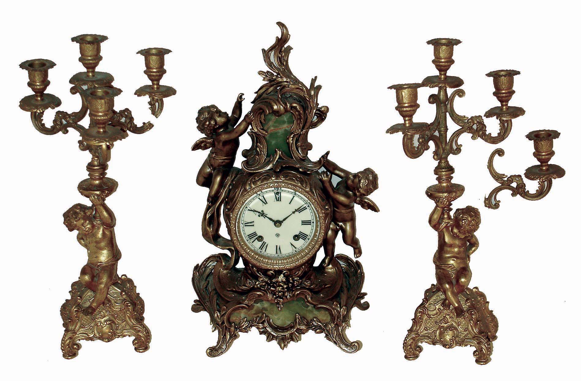 Ansonia Clock Co., New York, NY, "Criterion" golden cast spelter, with green marble inserts, mantel clock, with pair of candelabra, c1904 — Antique Clocks Price Guide