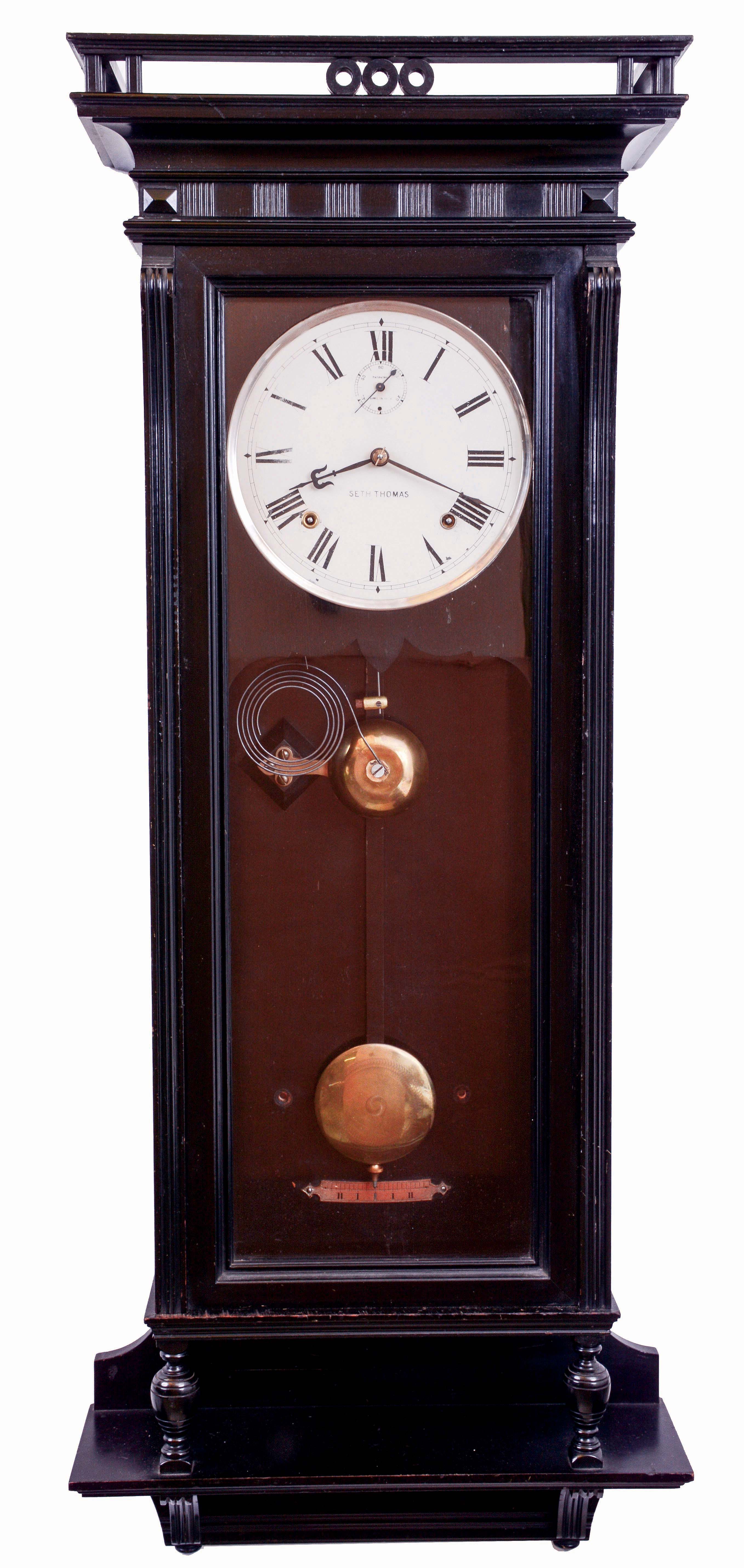Seth Thomas Clock Co., Thomaston, Conn., "Suez" model wall clock in ebonized case, 8 days, time and strike spring movement, c1883 — Antique Clocks Price Guide