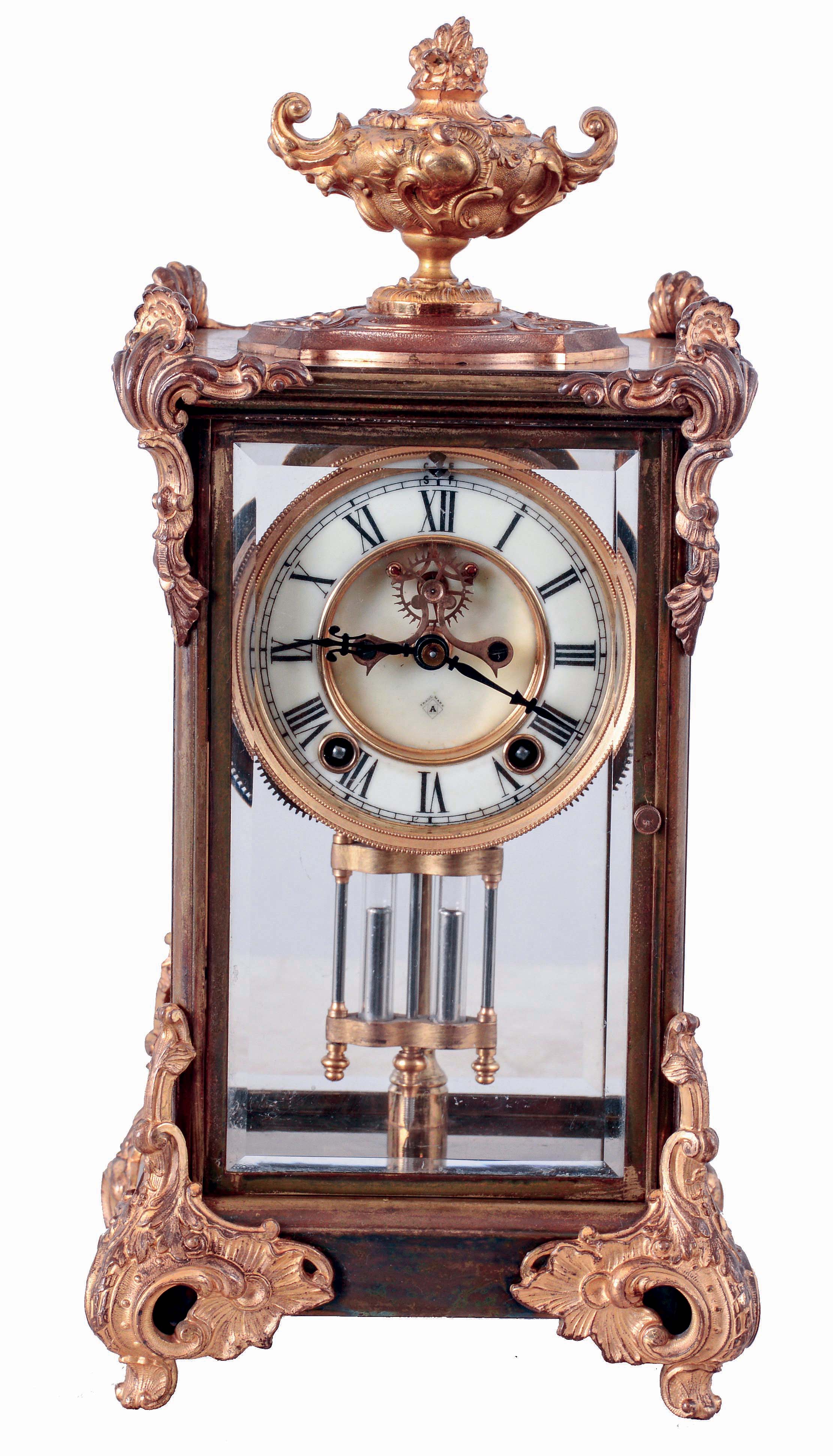 Ansonia Clock Co., New York, NY, "Marquis" crystal regulator with a visible escapement and an 8 days, hour and half hour strike, spring driven, movement, c1904. — Antique Clocks Price Guide