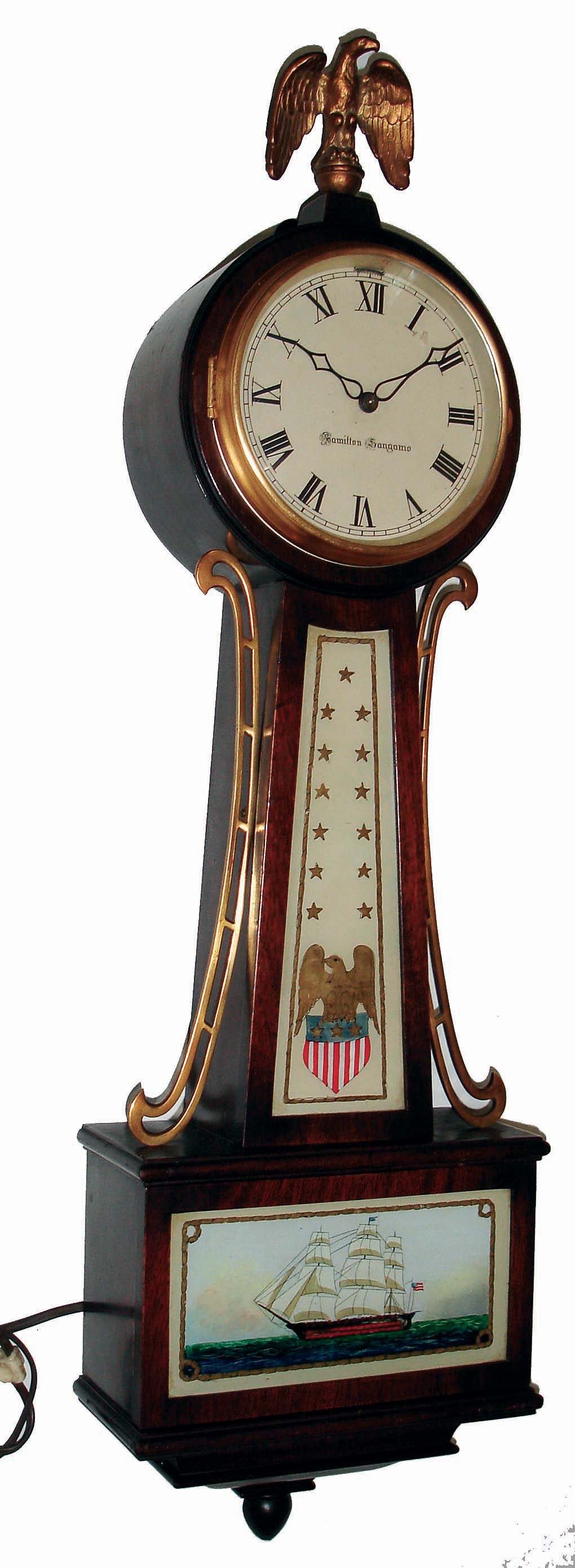Hamilton-Sangamo, Lancaster Penna. and Springfield, Ill, mahogany electrically wound 7 jewel, time and strike, banjo wall clock, c1930 — Antique Clocks Price Guide