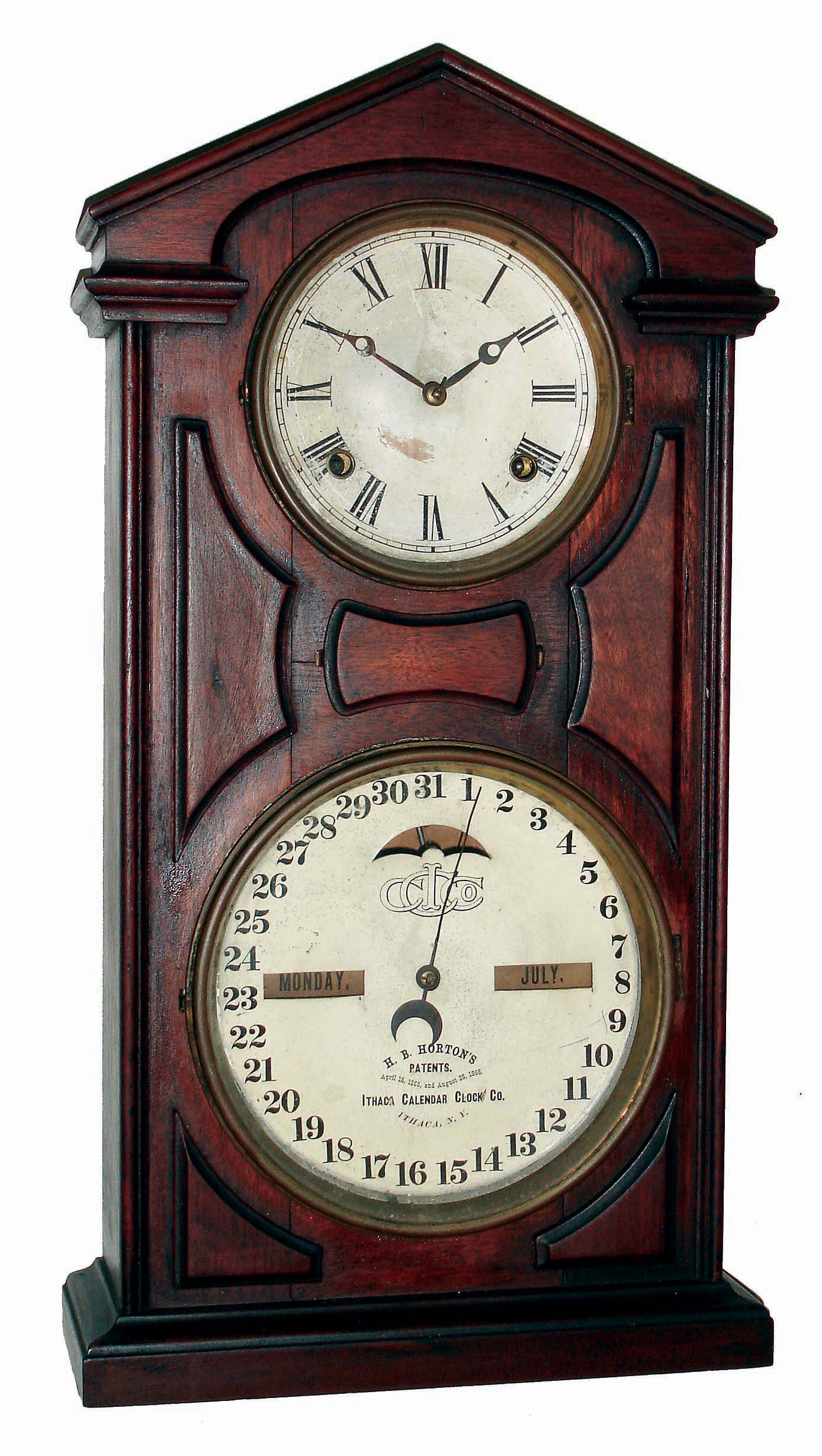 Ithaca Clock Co., Ithaca, NY, "No. 7 Shelf Cottage" walnut, 8 days, time and strike, double dial calendar clock, c1870 — Antique Clocks Price Guide