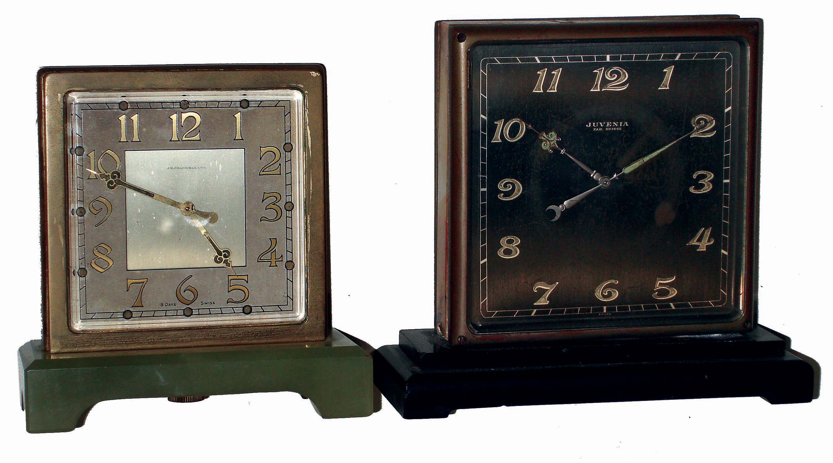 Clocks- 2 (Two) Swiss, 8 days, time only glass, brass and marble double-side desk clocks: one for J.E. Caldwell & Co.; one by Juvenia; c1925 — Antique Clocks Price Guide