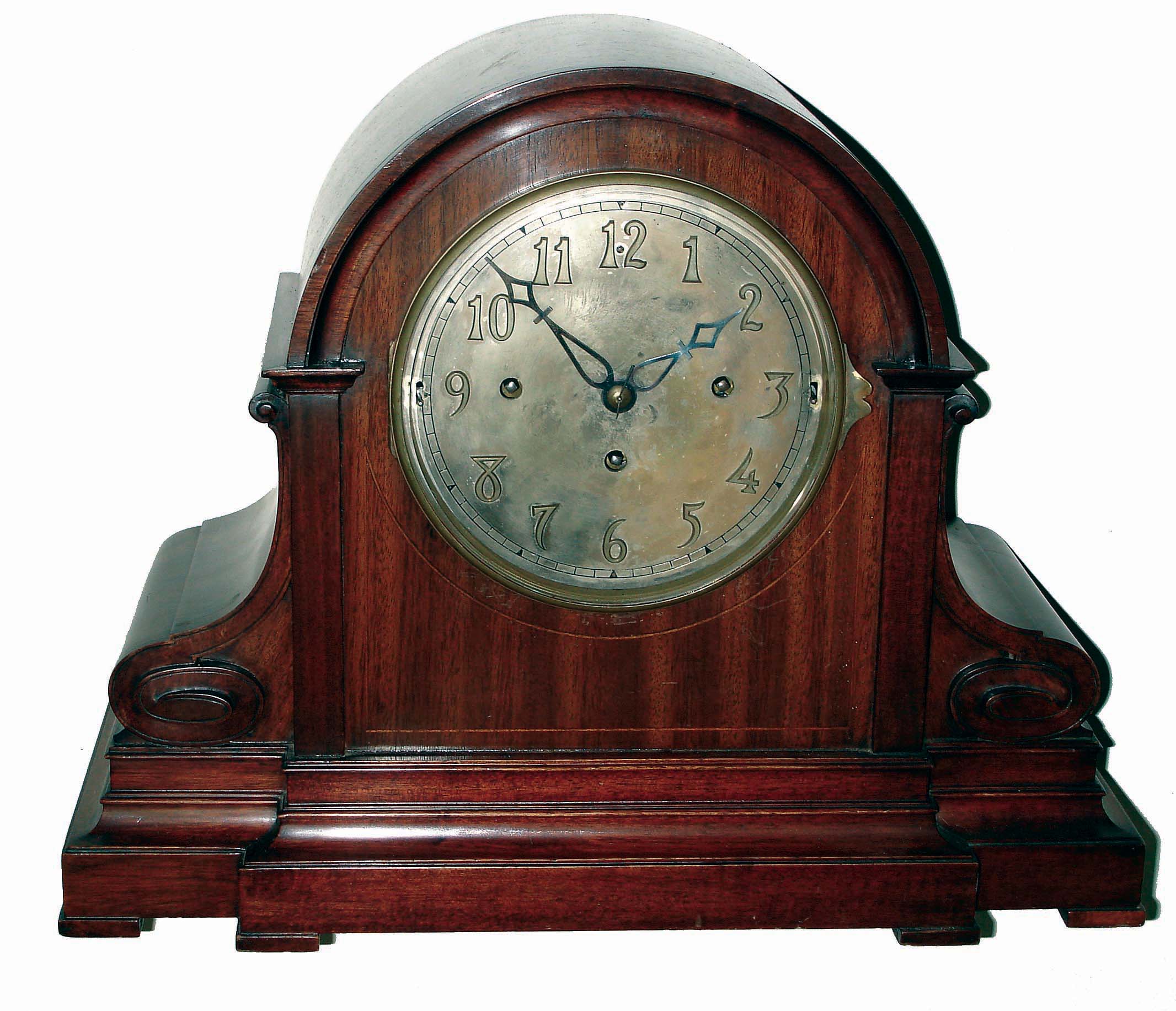 Jacques, Germany, mahogany large, 8 days, triple fusee quarter chime (two melodies on 6 rods) round top bracket clock, c1910 — Antique Clocks Price Guide