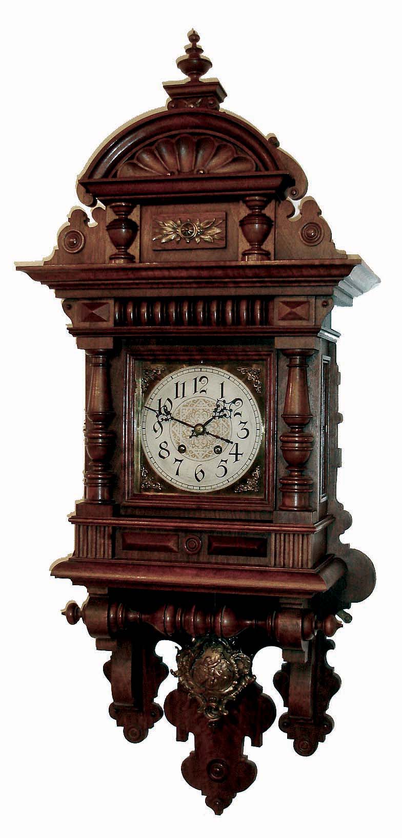 Lenzkirch, Germany, walnut "Freischwinger", 8 days, time and strike. This model similar to the model 70 illustrated in Everett's book on Lenzkirch, however this one without the profuse decorations. With count wheel model 26 movement, with Graham style, adjustable escapement. Serial 952566, circa 1891 — Antique Clocks Price Guide