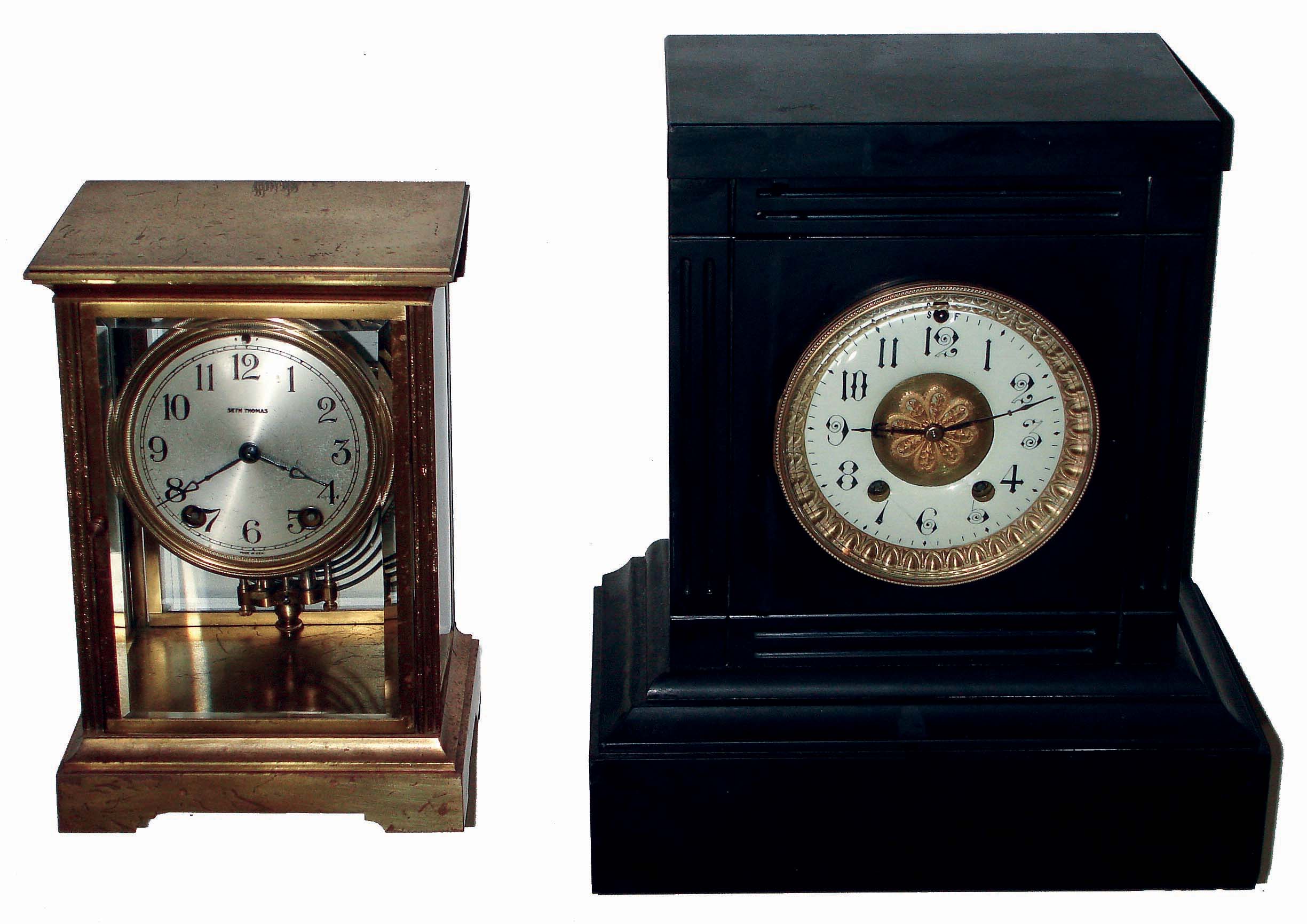 Clocks- 2 (Two) Seth Thomas, 8 days, time and strike mantel clocks: black marble with round movement; "Empire No. 201" brass and beveled glass crystal regulator; c1900 — Antique Clocks Price Guide