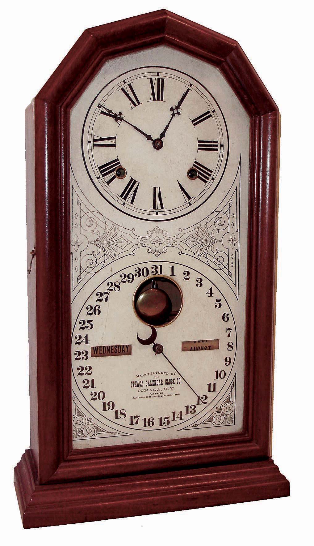 Ithaca Calendar Clock Co., Ithaca, NY, "No. 11 Octagon", 8 days, time and strike, brass spring driven movement double dial calendar clock, c1880 — Antique Clocks Price Guide