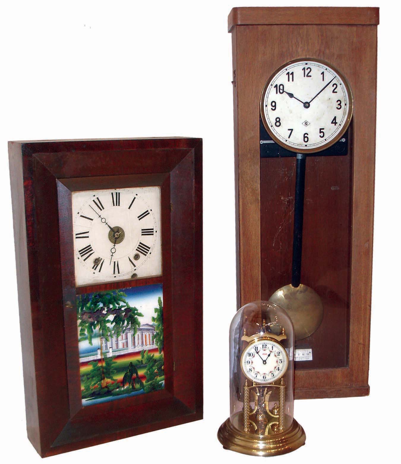 Clocks- 3 (Three): (1) German, 400-day or rotary pendulum mantel clock. (2) Boardman & Wells, Bristol, Conn., 30 hours, time, strike and alarm, weight wood movement bevel case shelf clock, c1845. (3) European (German?), electric wall regulator. Dial marked "NT". — Antique Clocks Price Guide