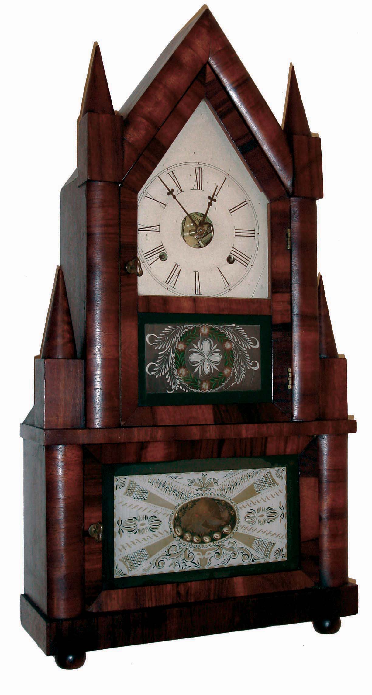 Birge & Fuller, Bristol, Conn., 30 hours, time and strike, wagon spring brass movement double steeple shelf clock, c1845 — Antique Clocks Price Guide