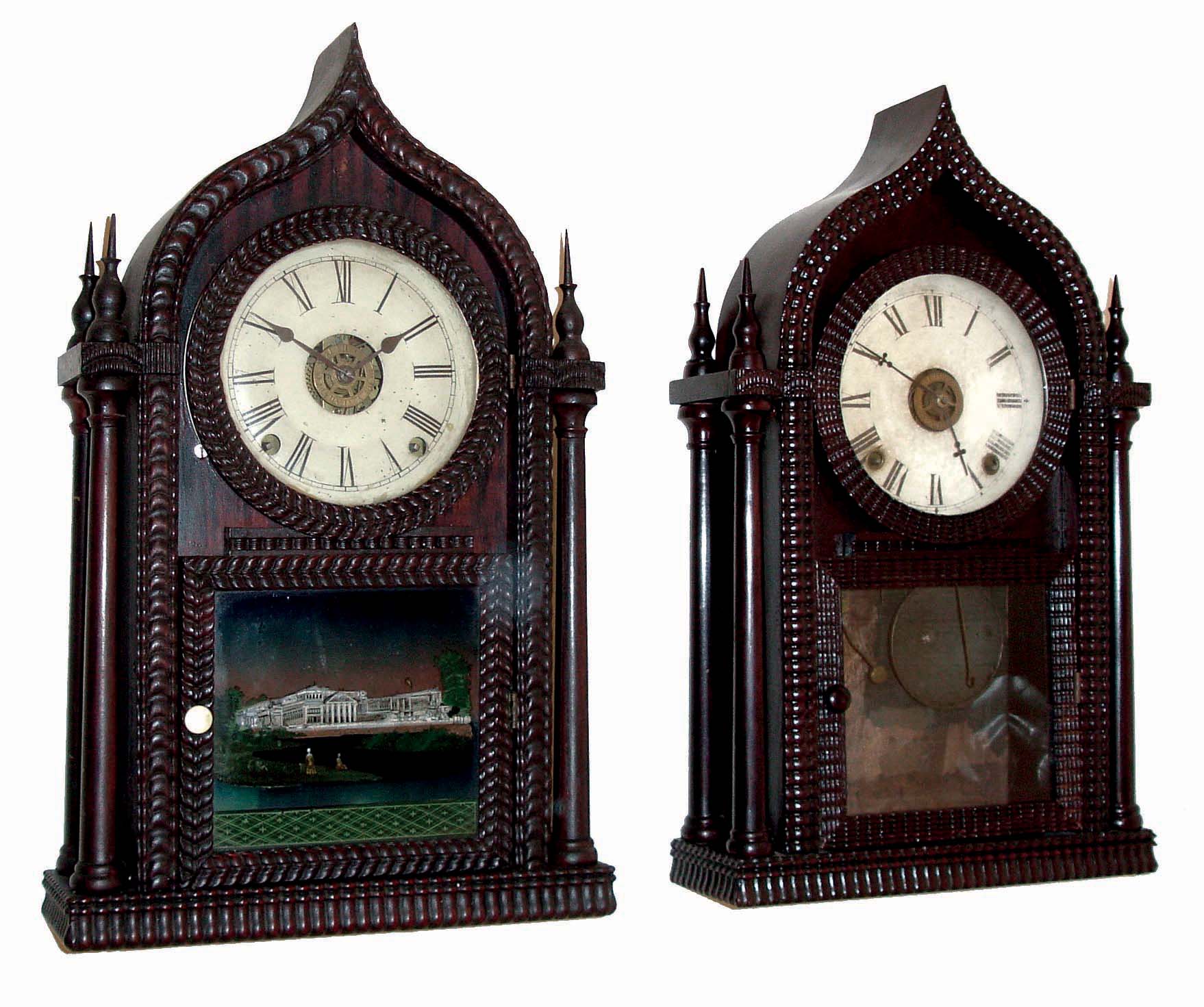 Clocks- 2 (Two): (1) Forestville Manufacturing Co., (J.C. Brown), Forestville, Conn., 8 days, time and strike, spring driven  brass movement ripple molding 4 column OG top Sharp Gothic or "onion top" shelf clock, c1848. (2) No label, but likely Forestville Mfg. Co., 8 days, time, strike and alarm, spring driven brass movement ripple molding 4 column OG top Sharp Gothic or "onion top" shelf clock, c1848. — Antique Clocks Price Guide