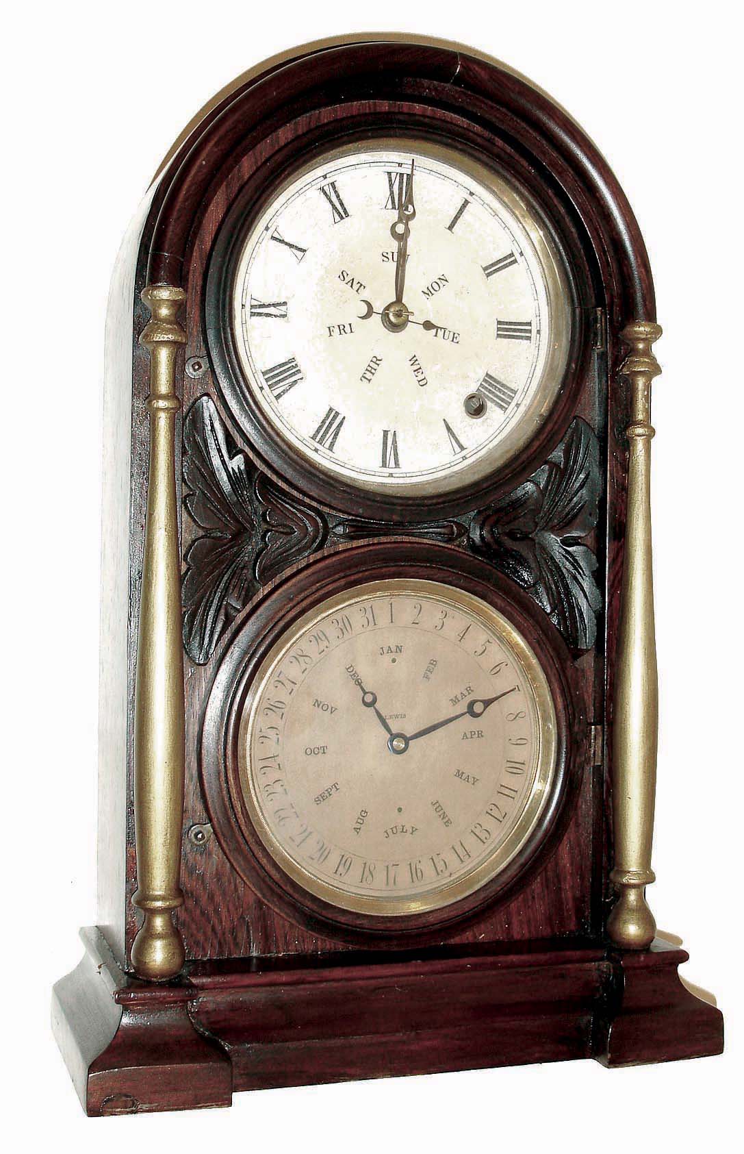 Welch, Spring & Co., Forestville, Conn., "Italian No. 1" shelf clock with a spring driven, 8 days, time only movement and a B. B. Lewis perpetual calendar mechanism in a rosewood veneered case, c1872. — Antique Clocks Price Guide