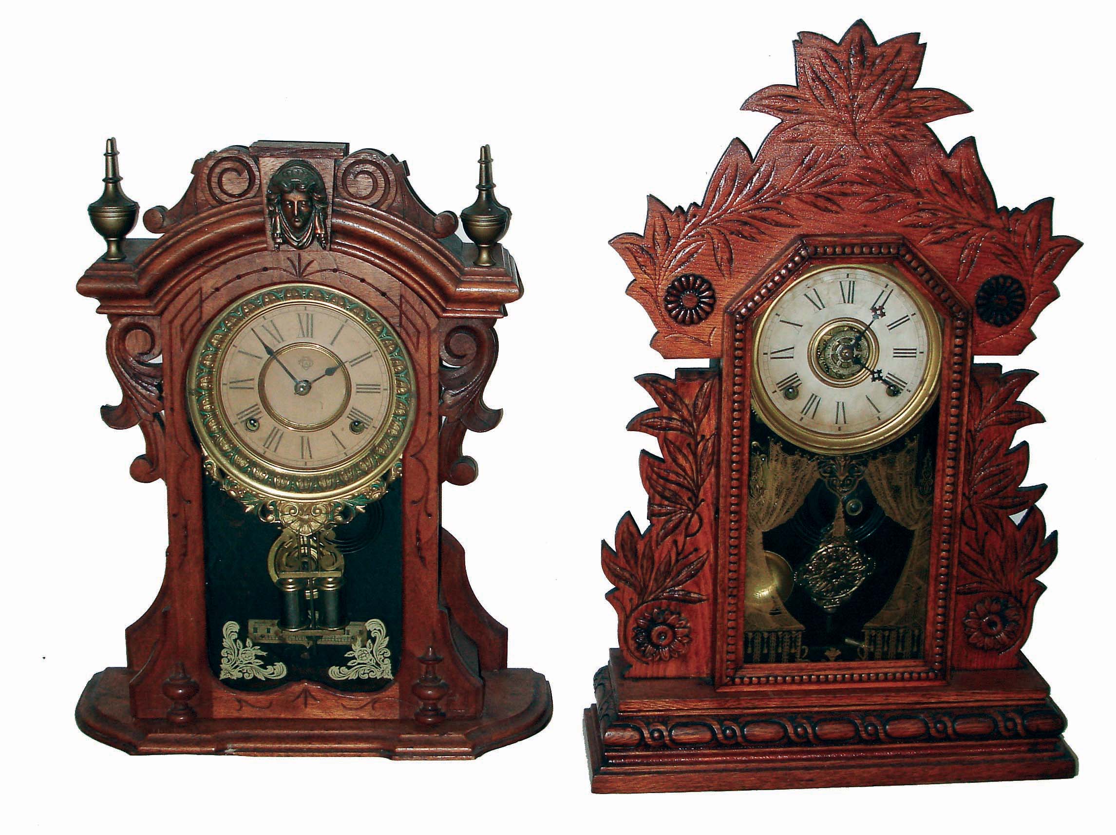 Clocks- 2 (Two) Connecticut, 8 days, time and strike shelf clocks: Gilbert "Laurel" oak with alarm, c1895; Ansonia walnut "Monarch" (with losses) — Antique Clocks Price Guide