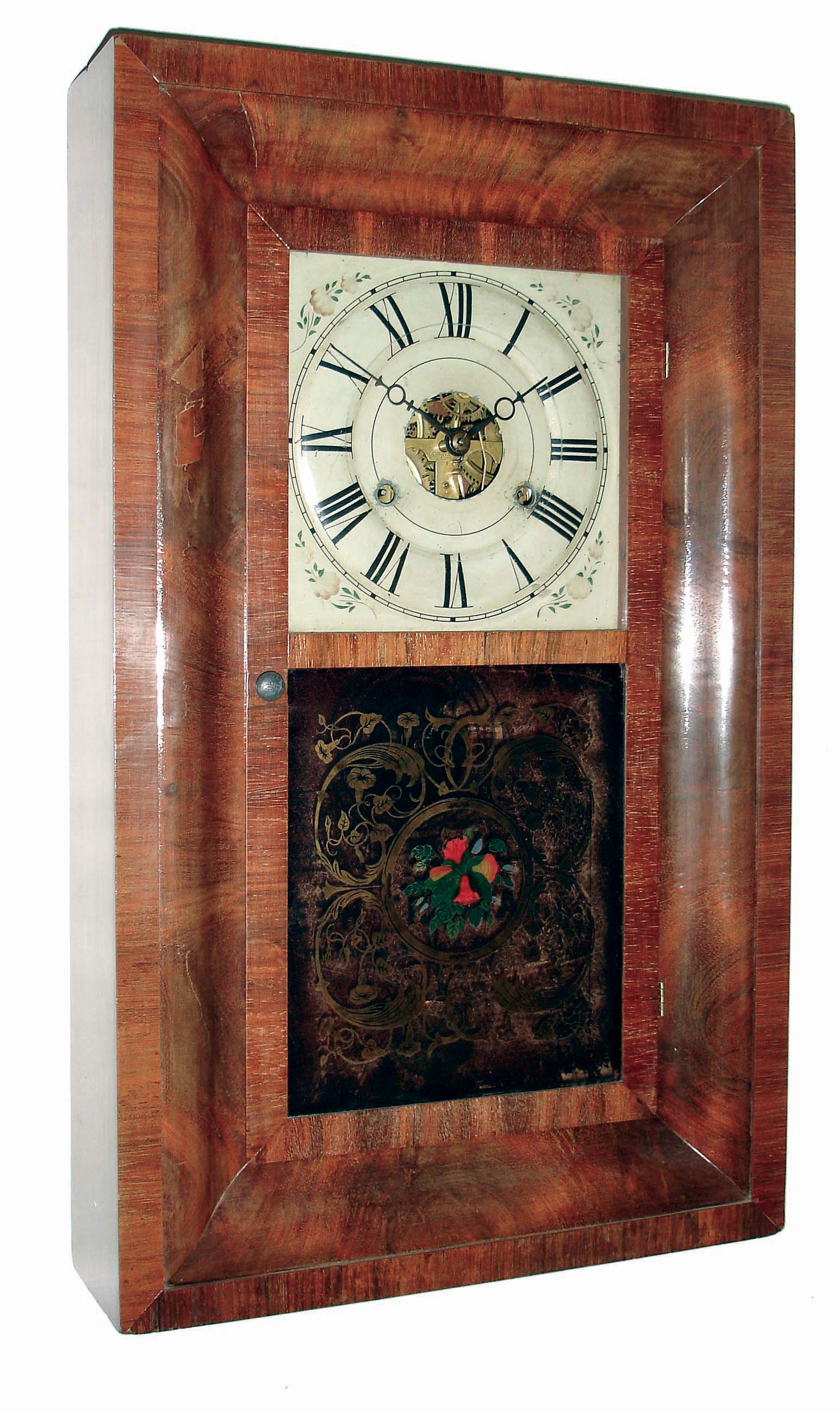 Clocks- 3 (Three) mahogany, 30 hours, time and strike, weight driven OG shelf clocks: Seth Thomas, Plymouth Hollow; Gilbert with sailboat glass tablet and alarm; Atkins & Porter; c1855 — Antique Clocks Price Guide