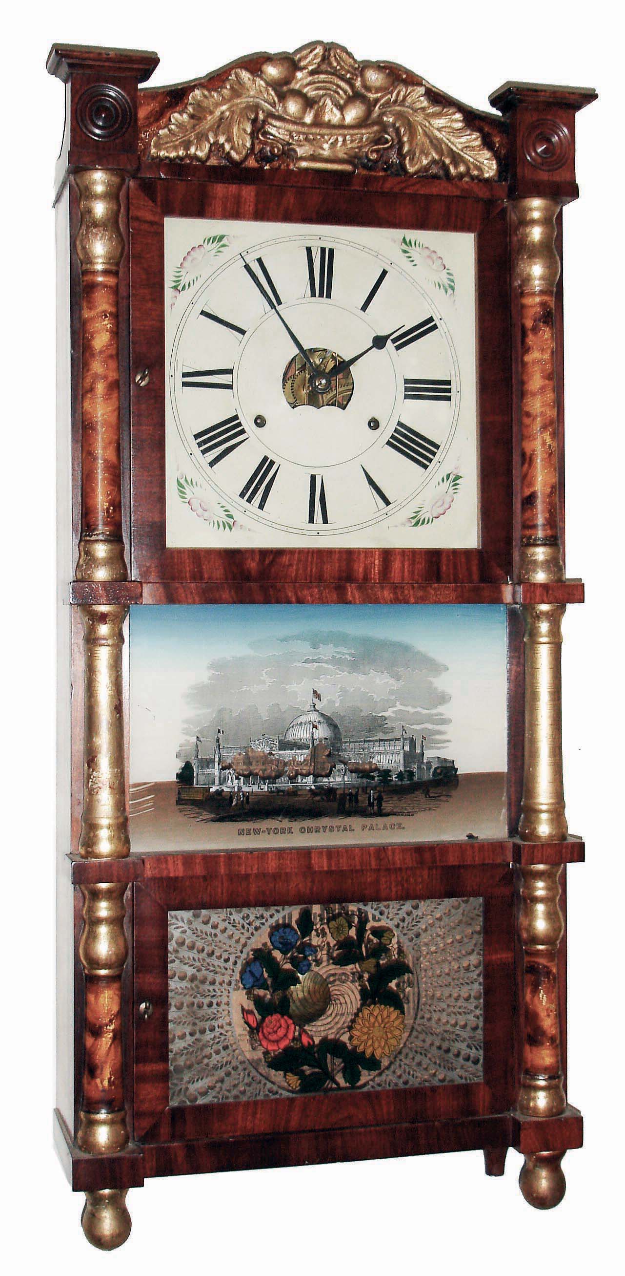 Birge, Peck & Co., Bristol, Conn., mahogany, 8 days, time and strike, weight driven triple decker shelf clock, c1850 — Antique Clocks Price Guide
