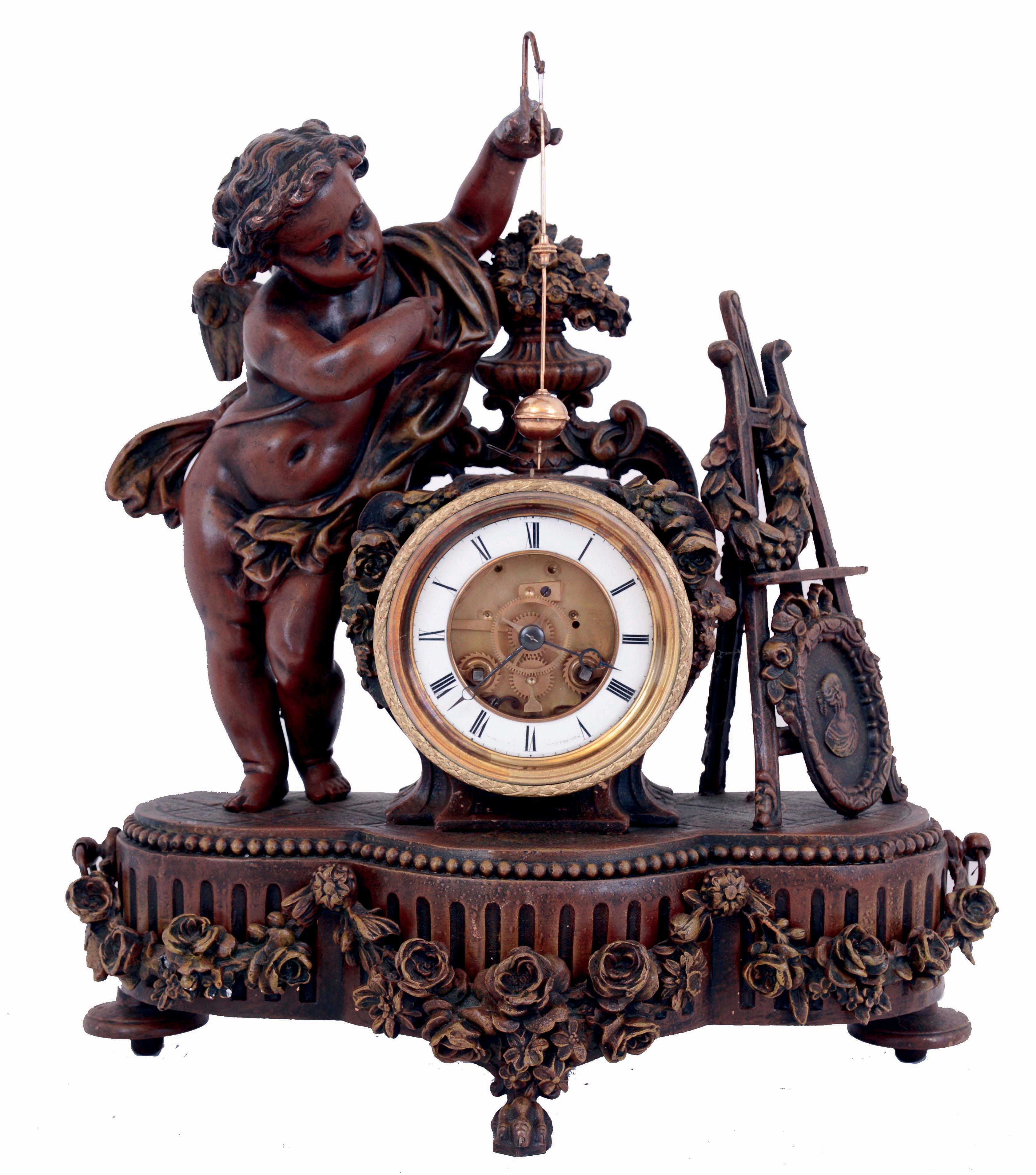 France, conical "mysterious" clock, the patinated spelter case with fluted base and rounded ends, the front festooned with roses and supporting the central clock case, with flanking draped putto, his outstretched arm supporting the gilt conical pendulum, opposite a portrait, easel, and laurel wreath, skeletonized Roman numeral, signed white enamel dial, blued steel Breguet style hands, brass, 8 days, time and strike movement, c1880 — Antique Clocks Price Guide