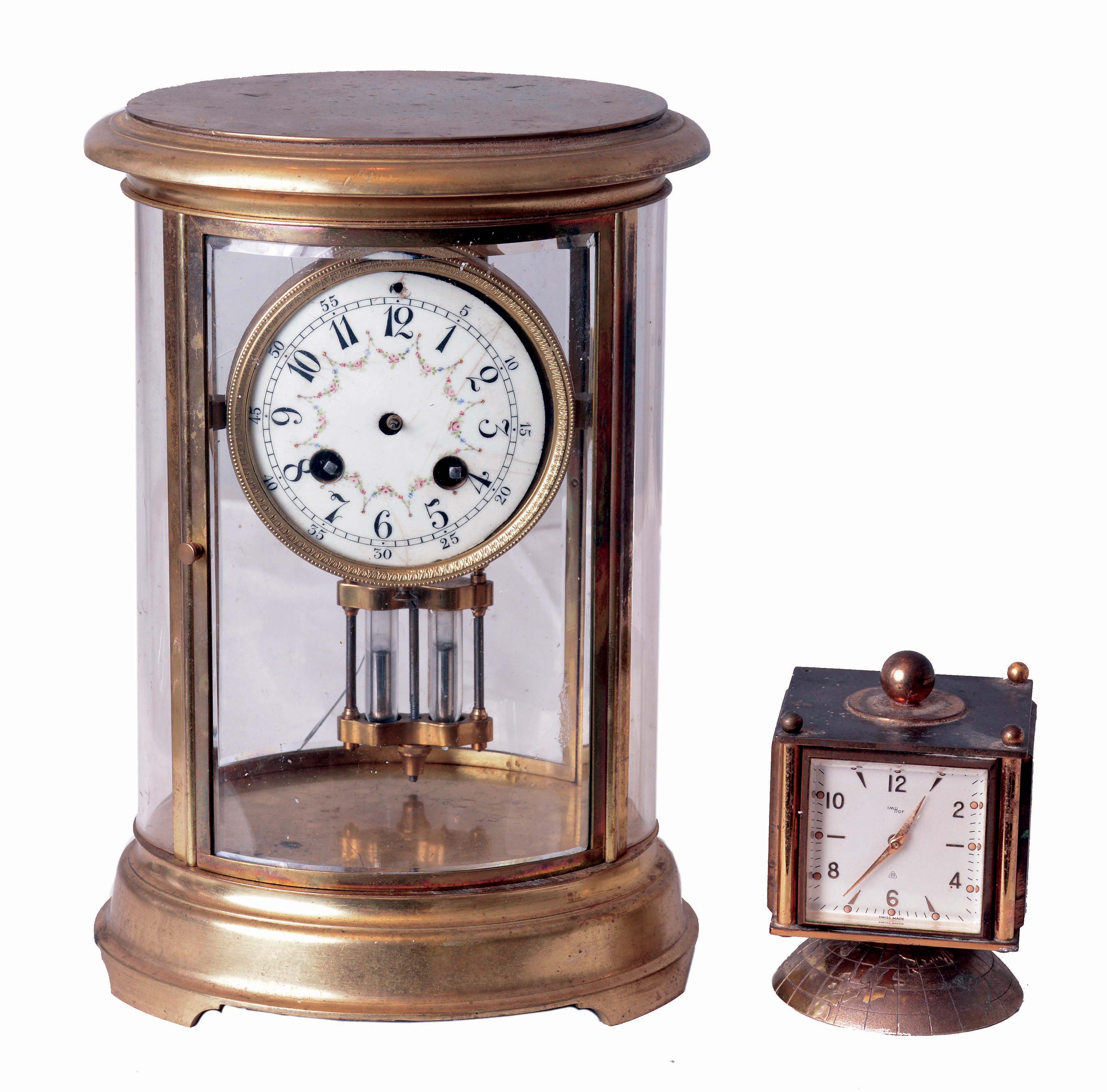 Clocks- 2 (Two): (1) French, Japy Freres, 8 days, time and strike, spring driven brass movement round sides crystal regulator. (2) Imhof, 8 days, timepiece, barometer, hygrometer, thermometer desk set. — Antique Clocks Price Guide