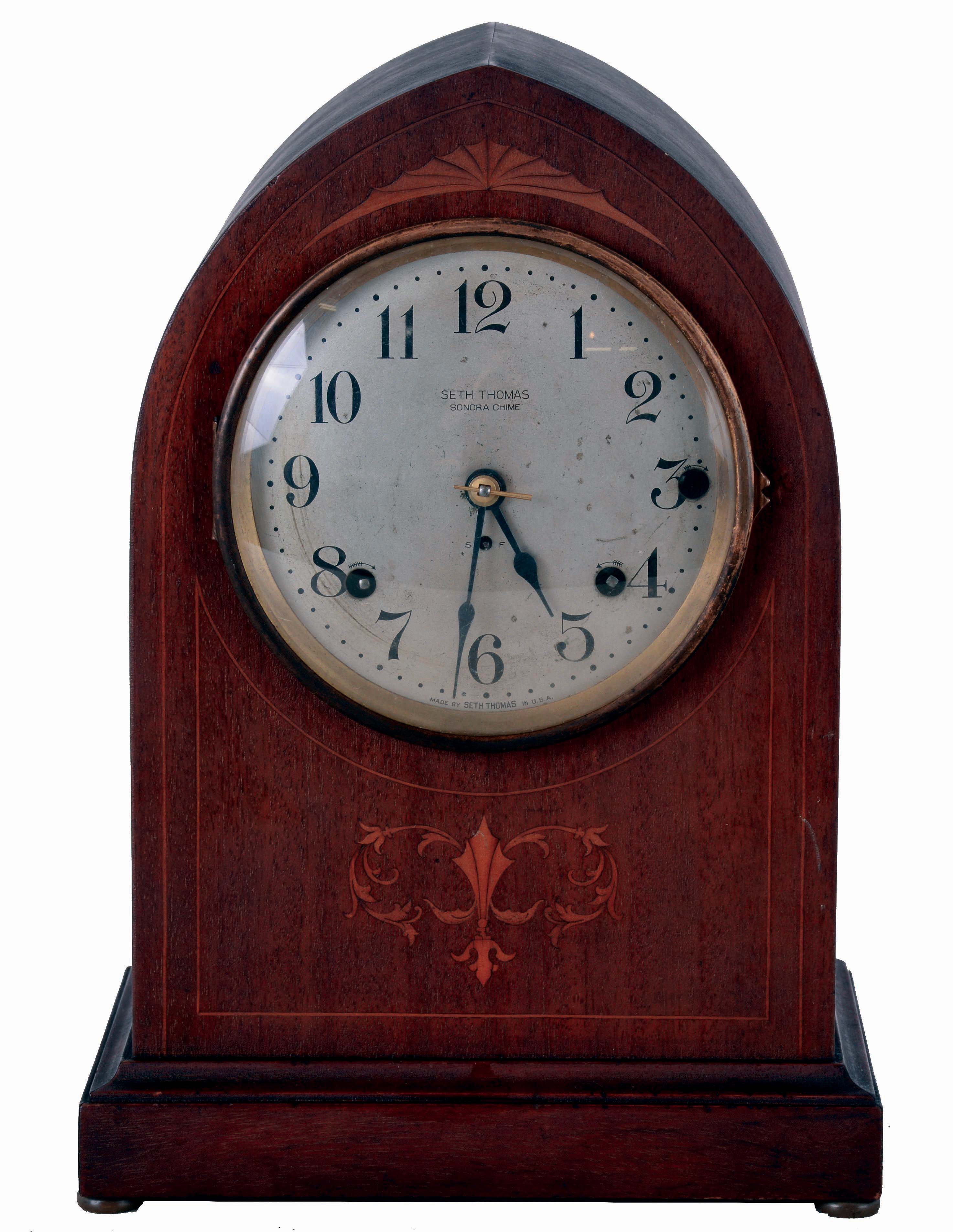Seth Thomas Clock Co., Thomaston, Conn., "Chime Clock No. 64" 8 days, time and strike, spring driven brass movement five bells Sonora chime mantel clock, c1914 — Antique Clocks Price Guide