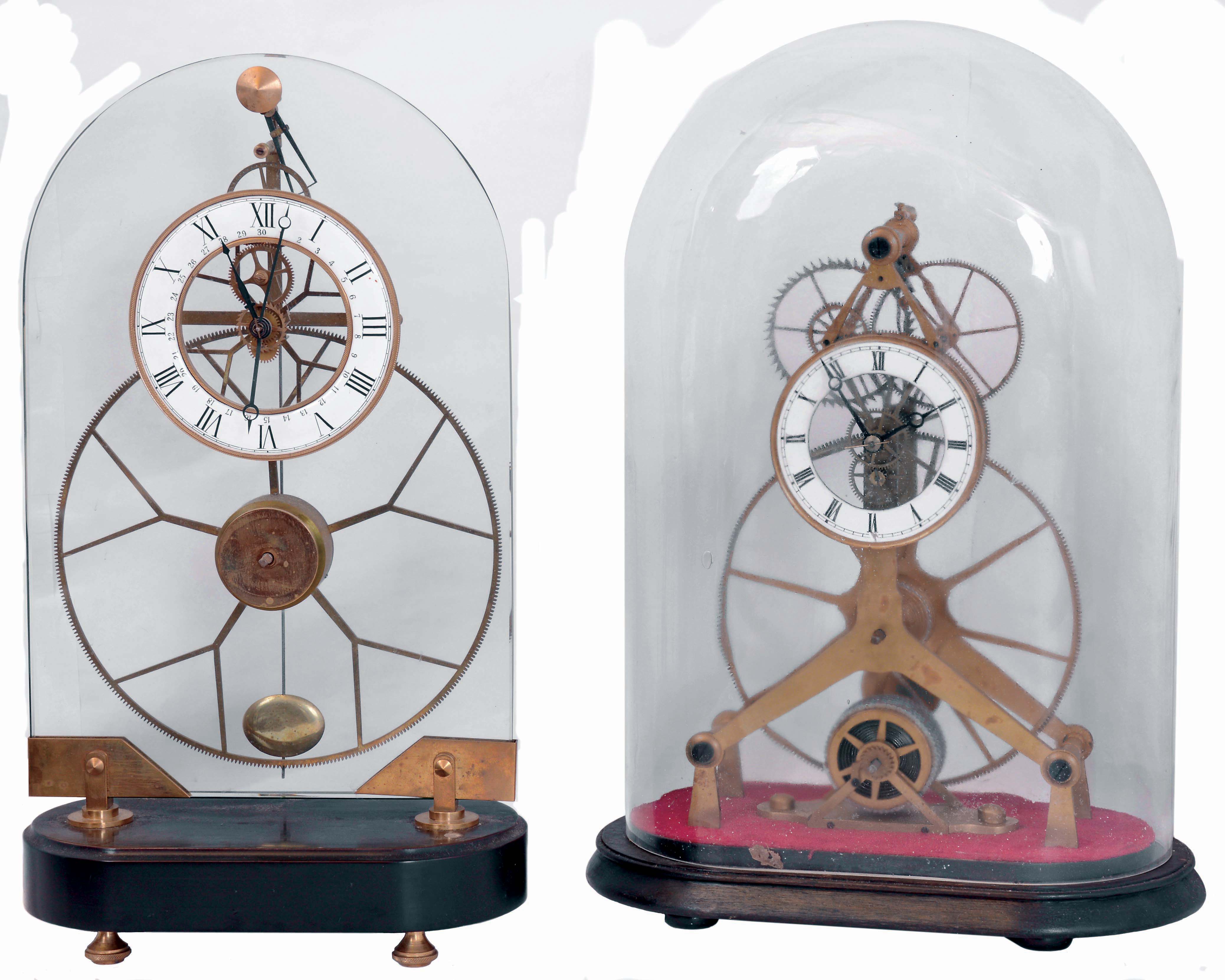 Clocks- 4 (Four) Chinese modern reproduction brass, glass, painted wood, and marble, 8 days, time only skeleton and upside-down swinger clocks, late 20th century — Antique Clocks Price Guide
