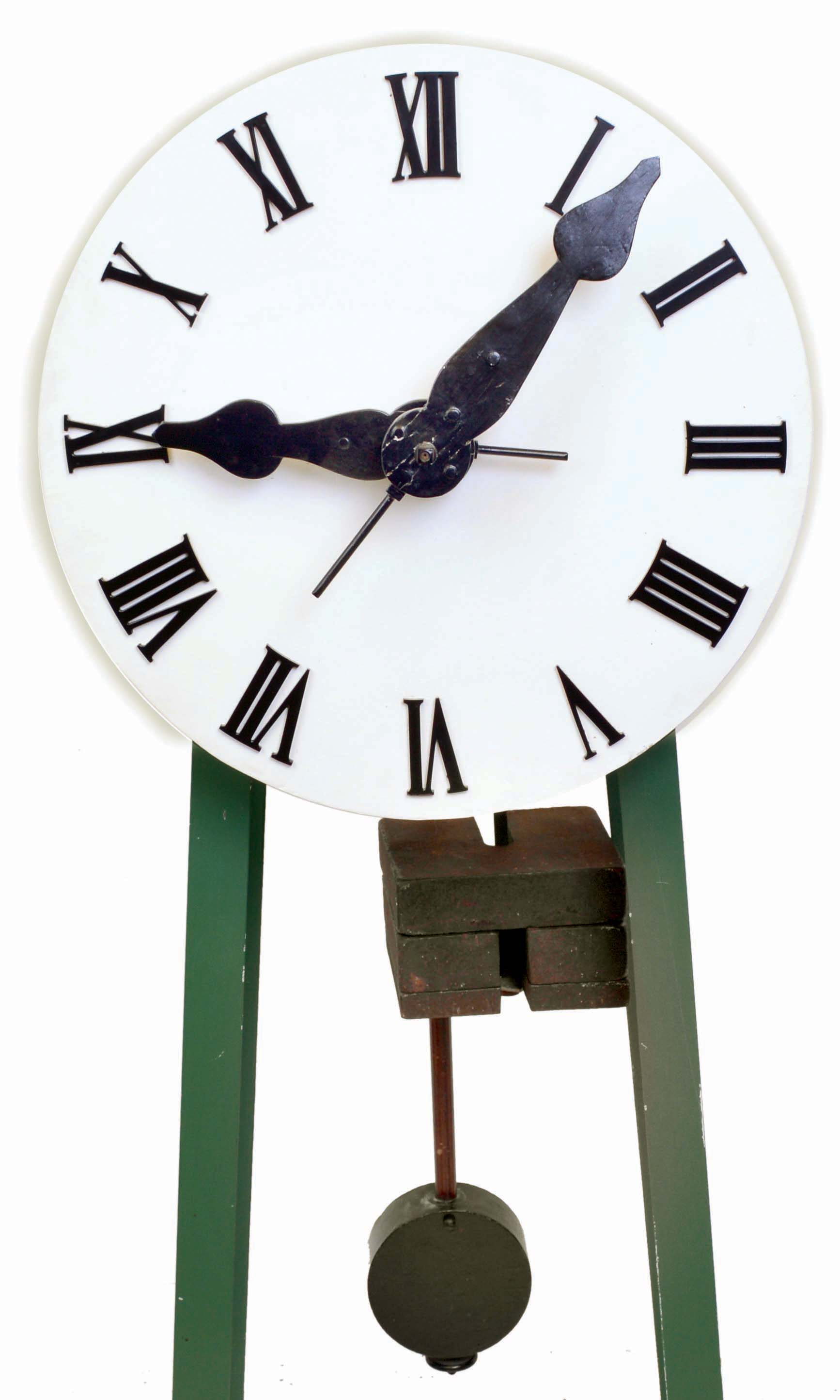 E. Howard & Co., Boston, Mass., "Timepiece" tower or street clock, time only, weight driven movement stamped "3587" with maintaining power, c1890, with a modern painted cast iron frame and a painted wooden dial and plastic numerals. — Antique Clocks Price Guide