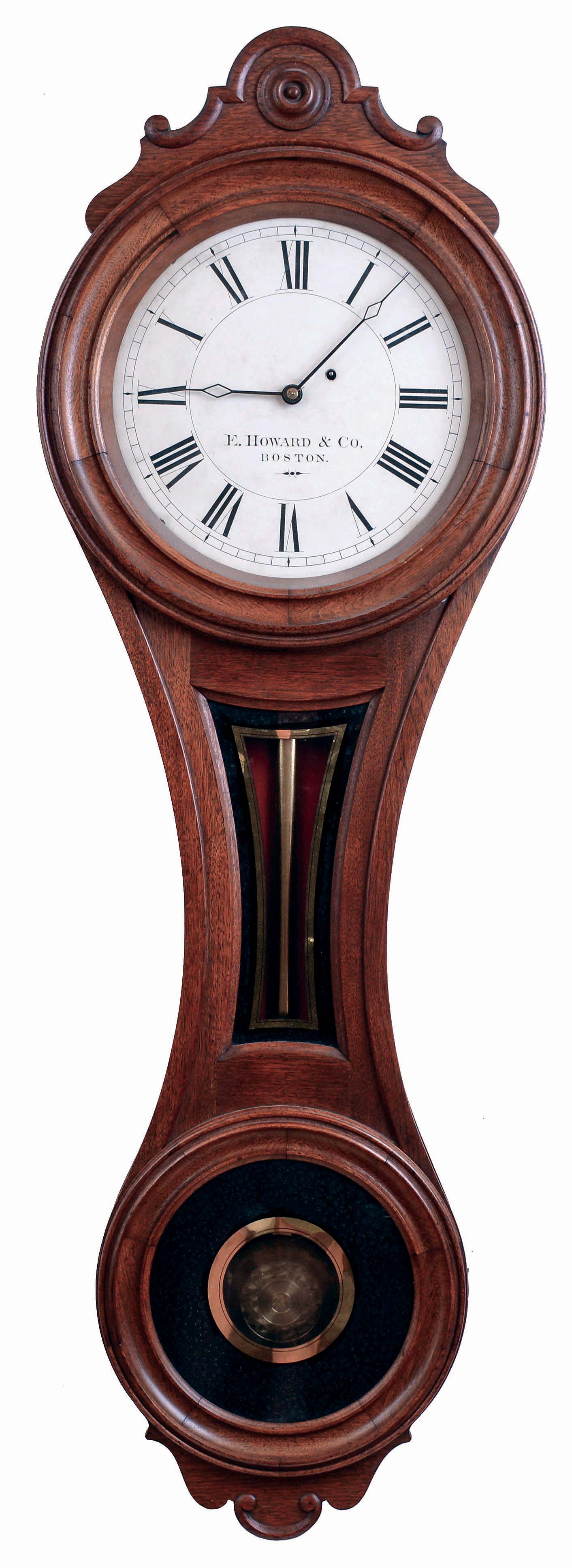 E. Howard & Co., Boston, Mass., "No. 7 Regulator", wall clock, 8 days, time only, weight driven movement in a walnut case with a painted metal dial and reverse painted throat and lower tablets, dated 1875 — Antique Clocks Price Guide