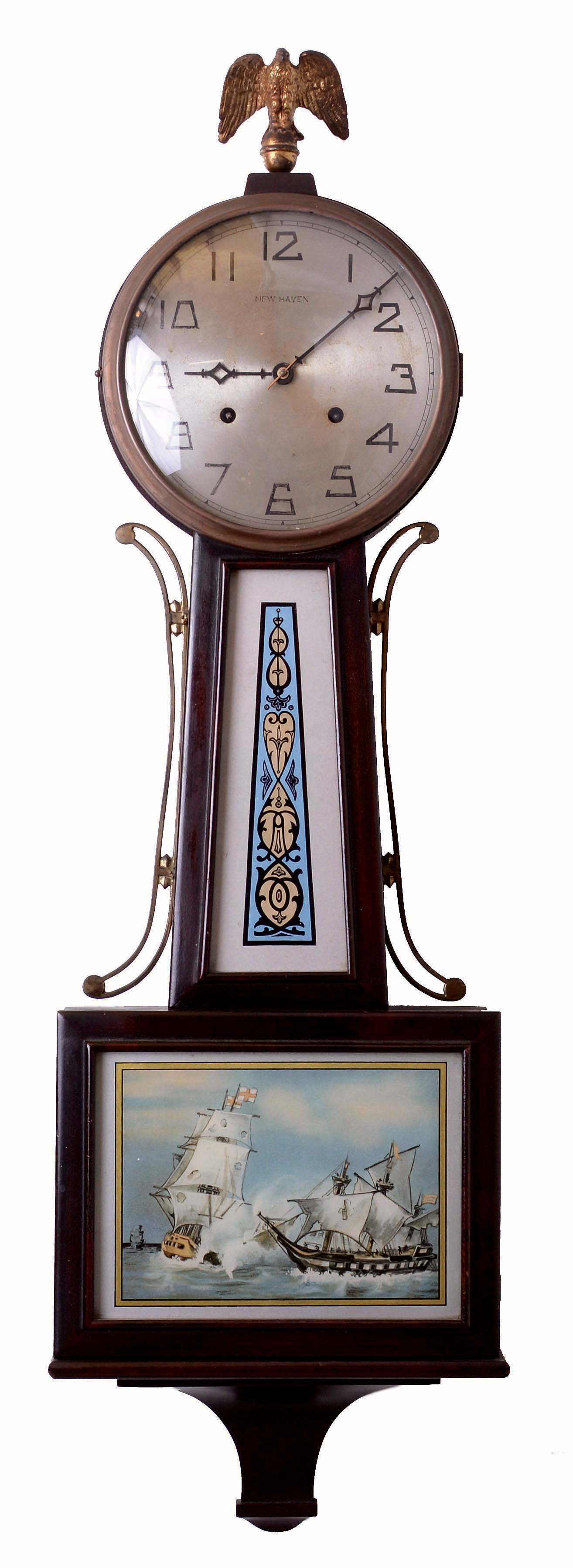 New Haven Clock Co., New Haven, Conn., "Waring", 8 days, time and strike, spring driven brass movement patent timepiece or banjo clock, c1924 — Antique Clocks Price Guide