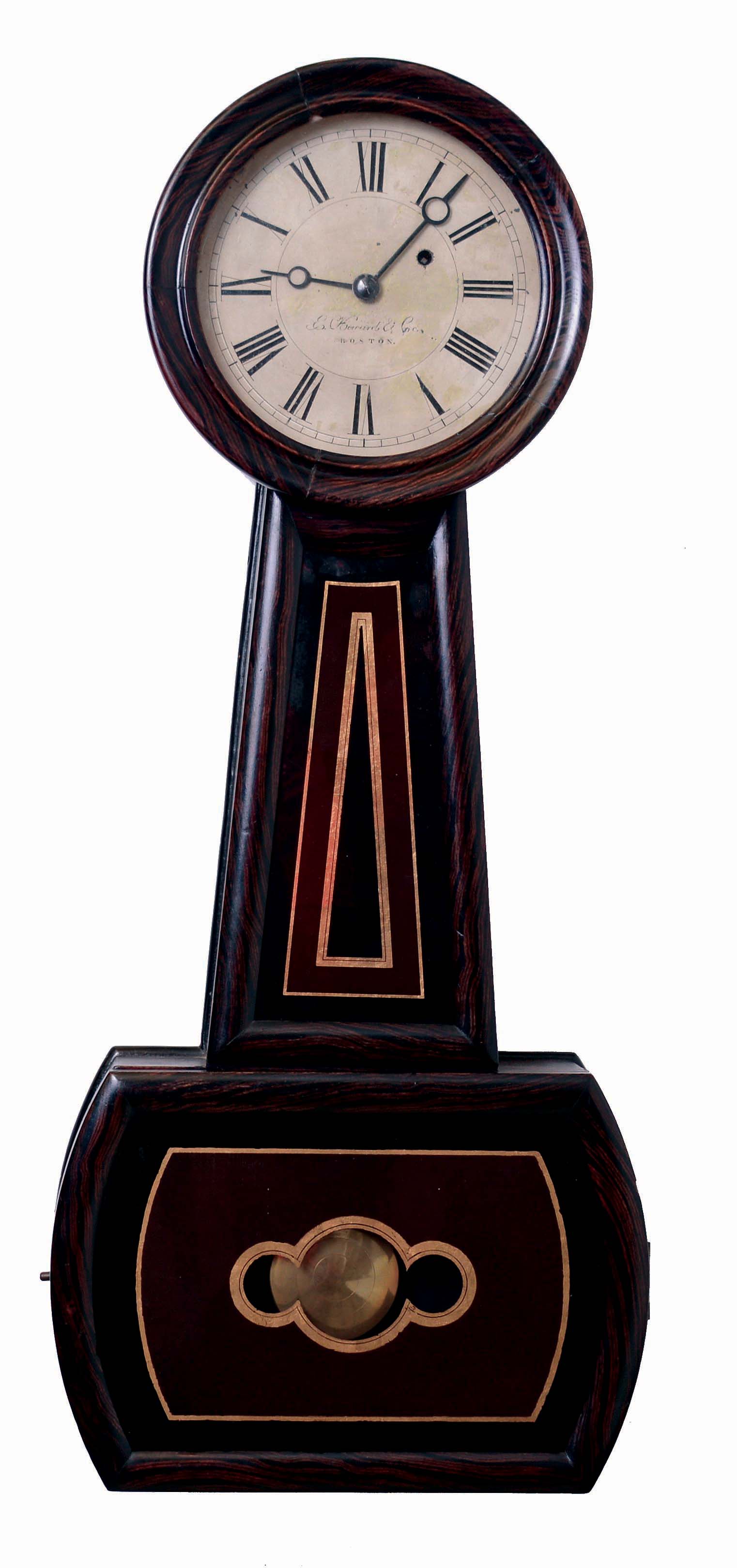 E. Howard & Co., Boston, Mass., "No. 4 Regulator", banjo wall clock, 8 days, time only, weight driven movement in a rosewood grain painted case with a painted metal dial and reverse painted throat and lower tablets, c1885 — Antique Clocks Price Guide