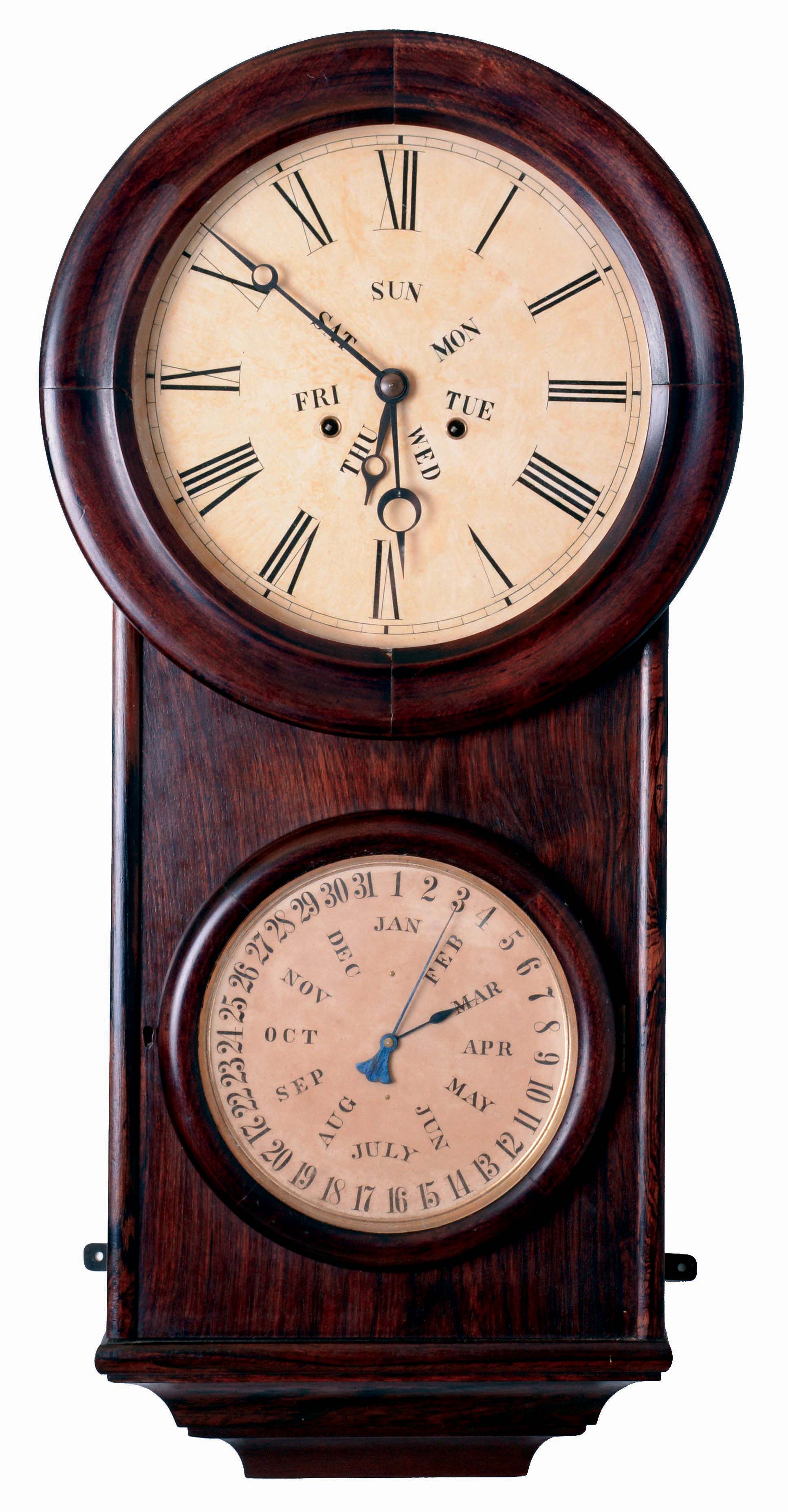 L.F. & W.W. Carter, Bristol, Conn., wall hanging Calendar clock with weight driven, 8 days timepiece movement and a BB Lewis perpetual calendar mechanism in a rosewood case, c1865. — Antique Clocks Price Guide