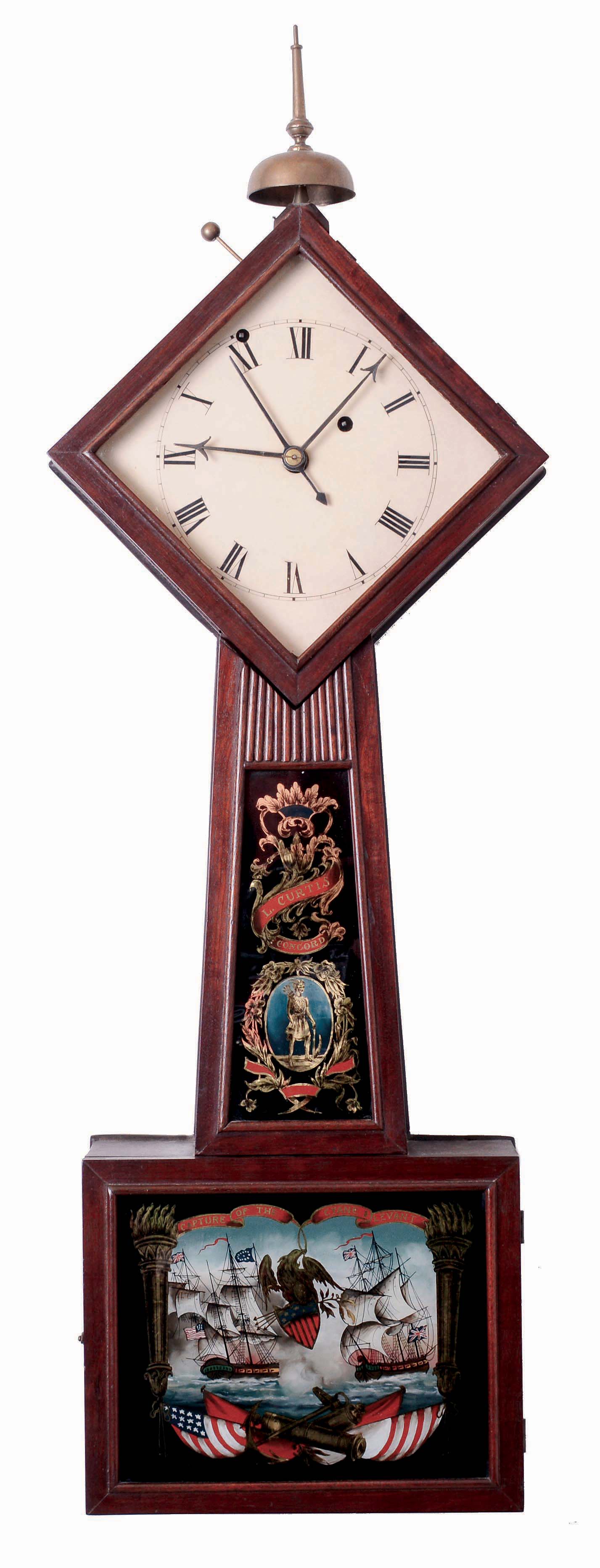 Unknown maker, Daniel Monroe-style 8 days, weight brass movement with alarm diamond head banjo wall timepiece, probably 20th century. — Antique Clocks Price Guide
