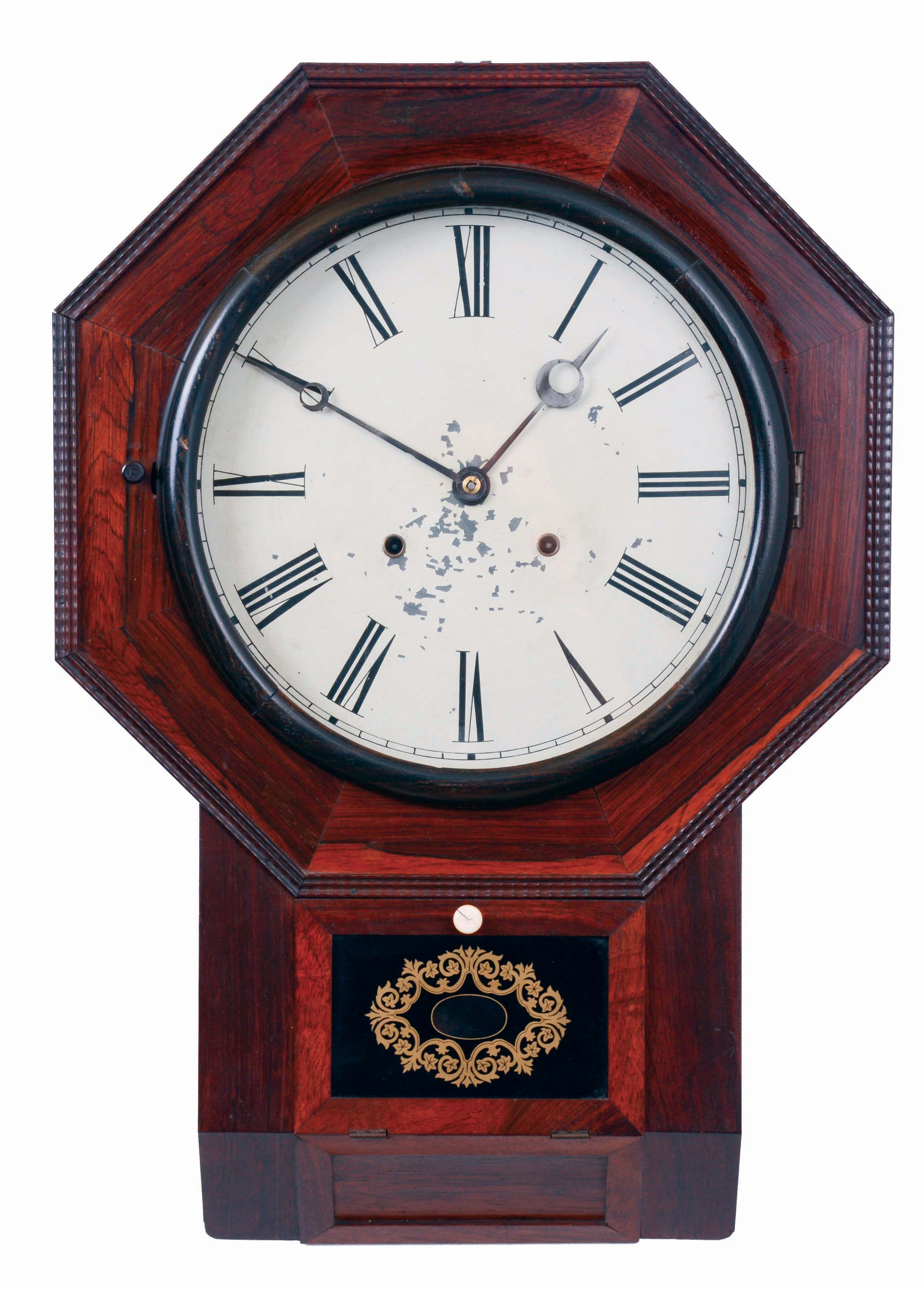 Atkins Clock Co., Bristol, Conn "Drop Octagon" wall clock in a rosewood case with a spring driven, 8 days, time & strike movement, c1863. — Antique Clocks Price Guide