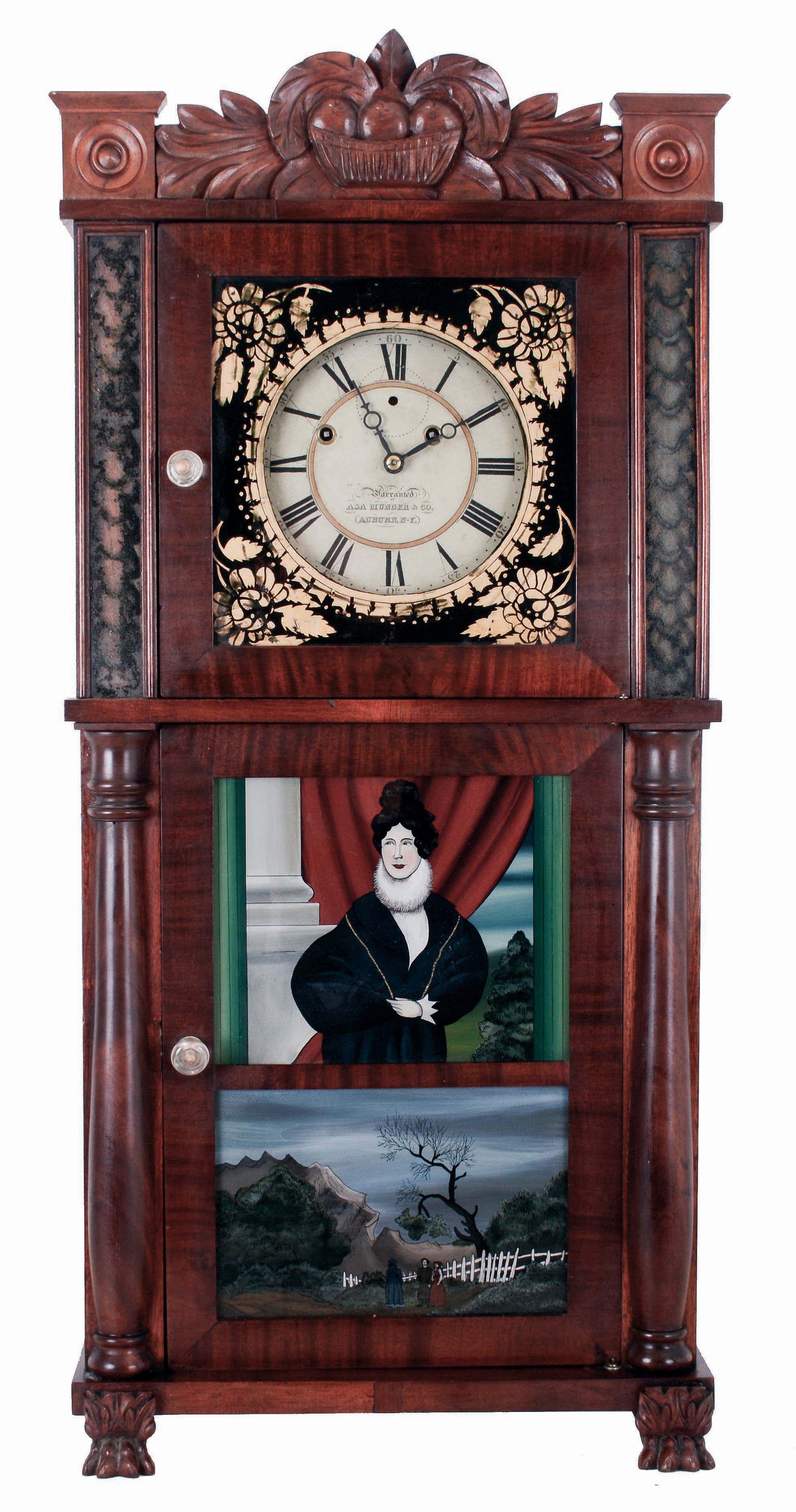 Asa Munger & Co., Auburn, New York, 8 days, time and strike, weight driven brass movement column and carved splat shelf clock, c1832 — Antique Clocks Price Guide