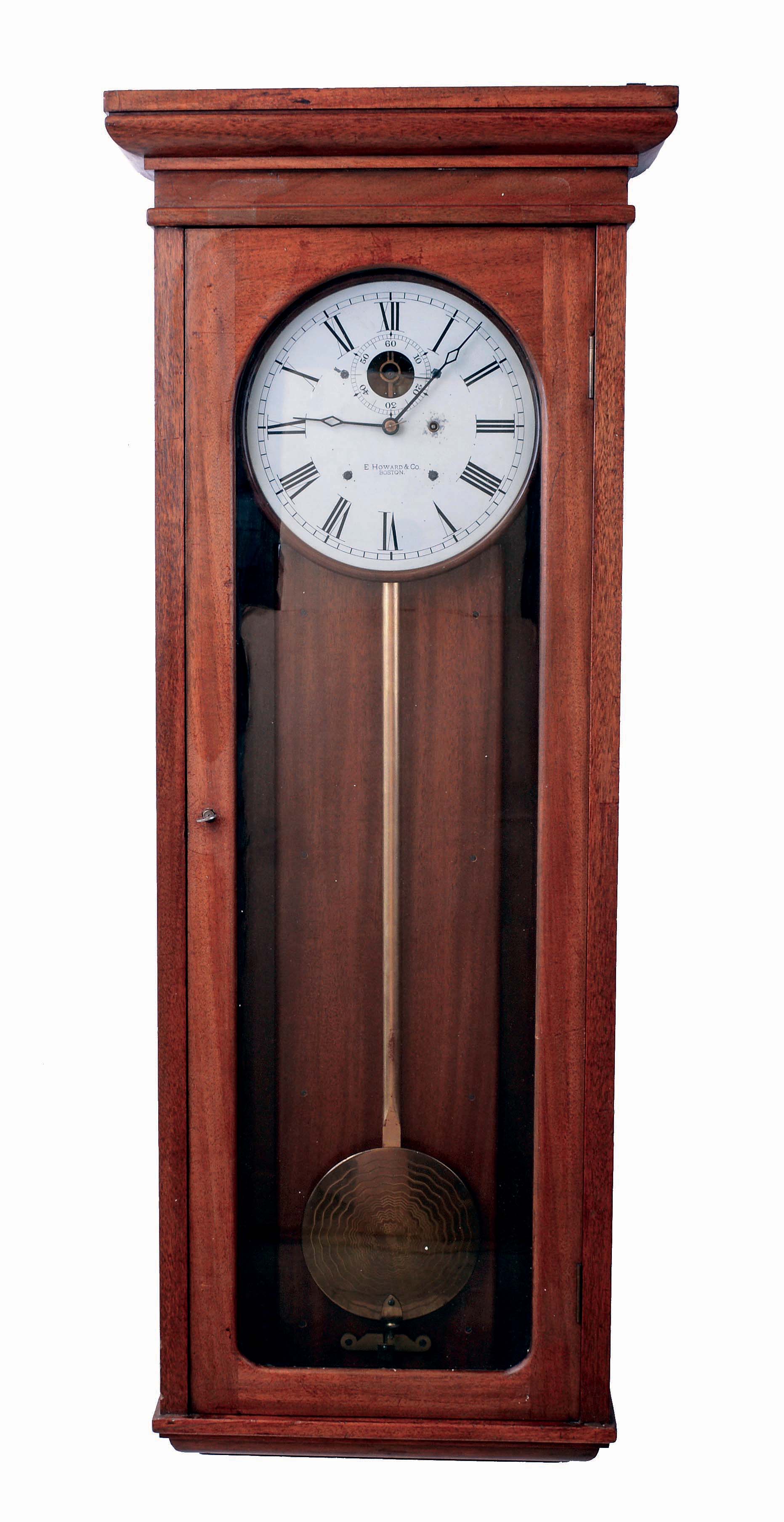 E. Howard & Co., Boston, Mass., "No. 89 Regulator", wall clock, 8 days, time only, weight driven movement in a walnut case with a painted metal dial, c1913 — Antique Clocks Price Guide