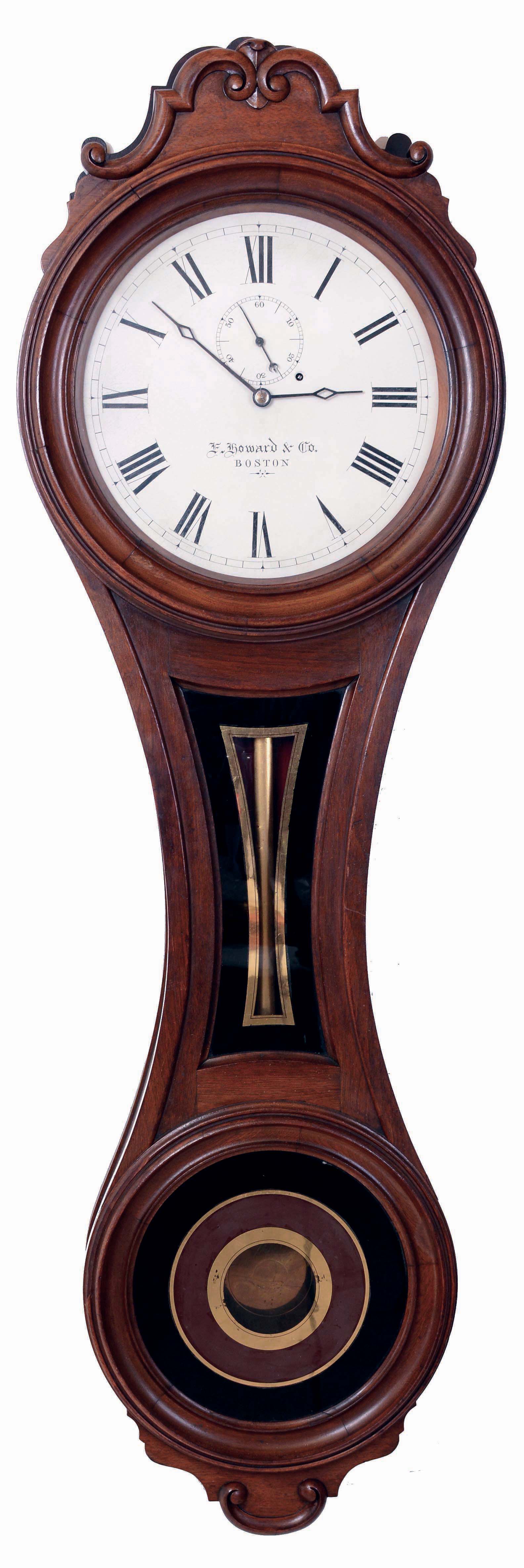 E. Howard & Co., Boston, Mass., "No. 6 Regulator", figure "8" wall clock in walnut, with full length meter pendulum, and seconds hand, c1890. — Antique Clocks Price Guide