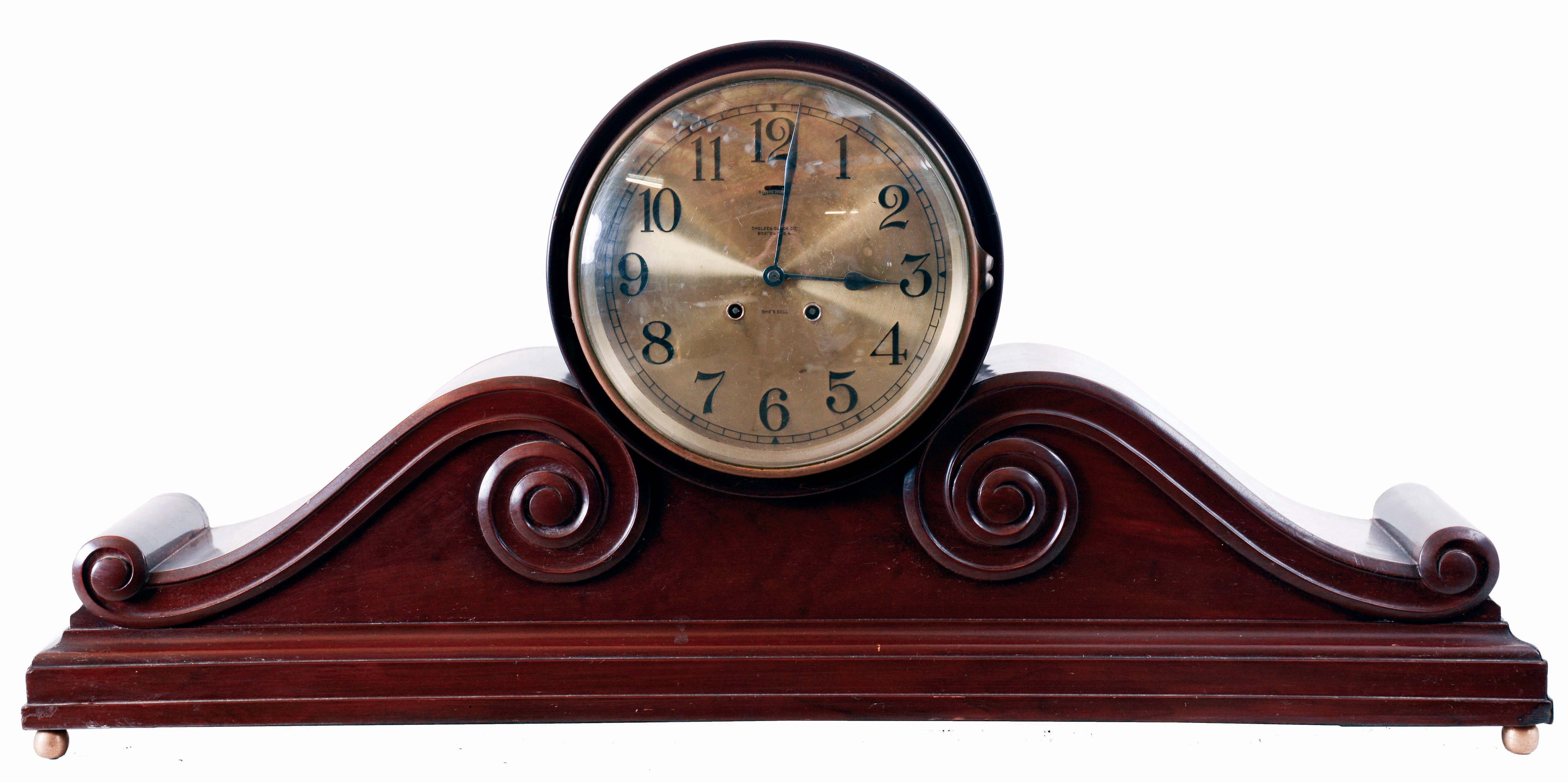 Chelsea Clock Co., Boston, Mass., 8 days, time and ship's Bell strike, spring driven brass movement large Tambour mantel clock. Serial No. 101851, c1914 — Antique Clocks Price Guide