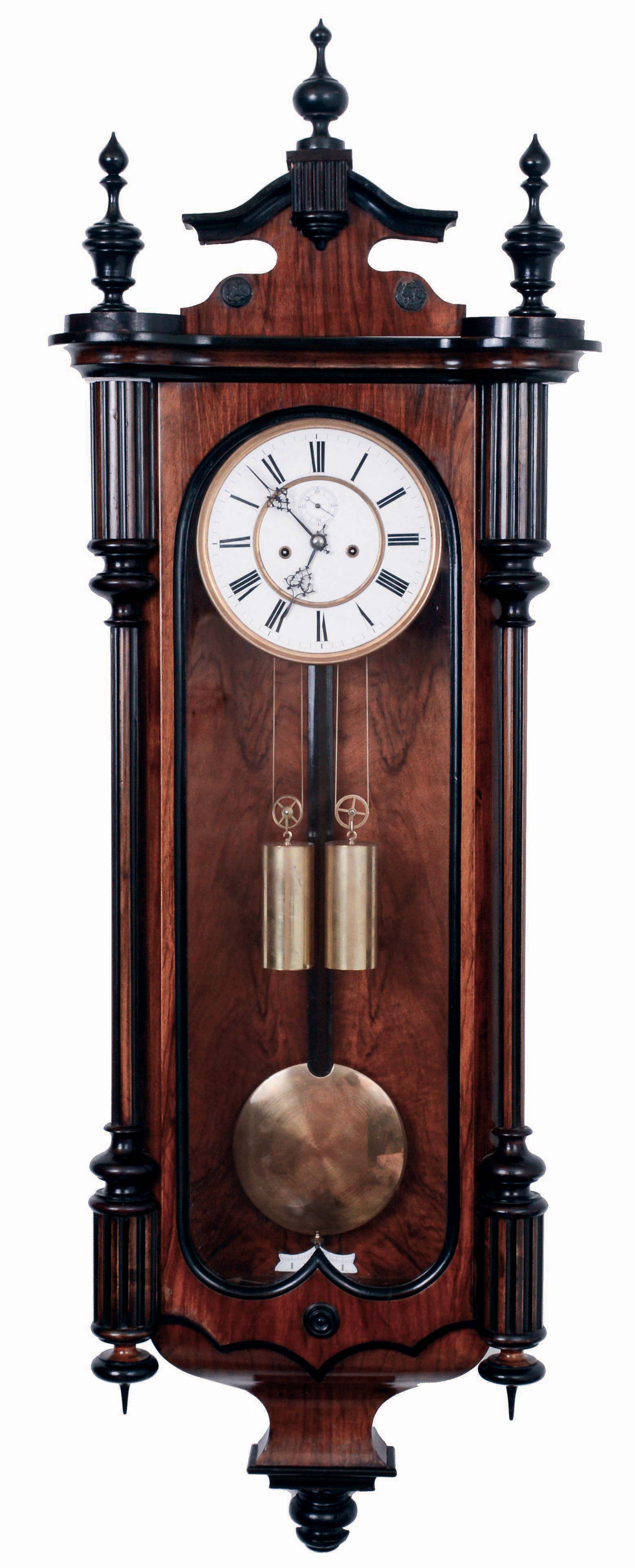 Lenzkirch, Germany, 2-weight "Vienna-style Regulator" wall clock, 8 days, time and gong strike movement in a mahogany and ebonized case, with full free standing columns on each side, and with two-piece white enamel dial, s#273725, c1873 — Antique Clocks Price Guide