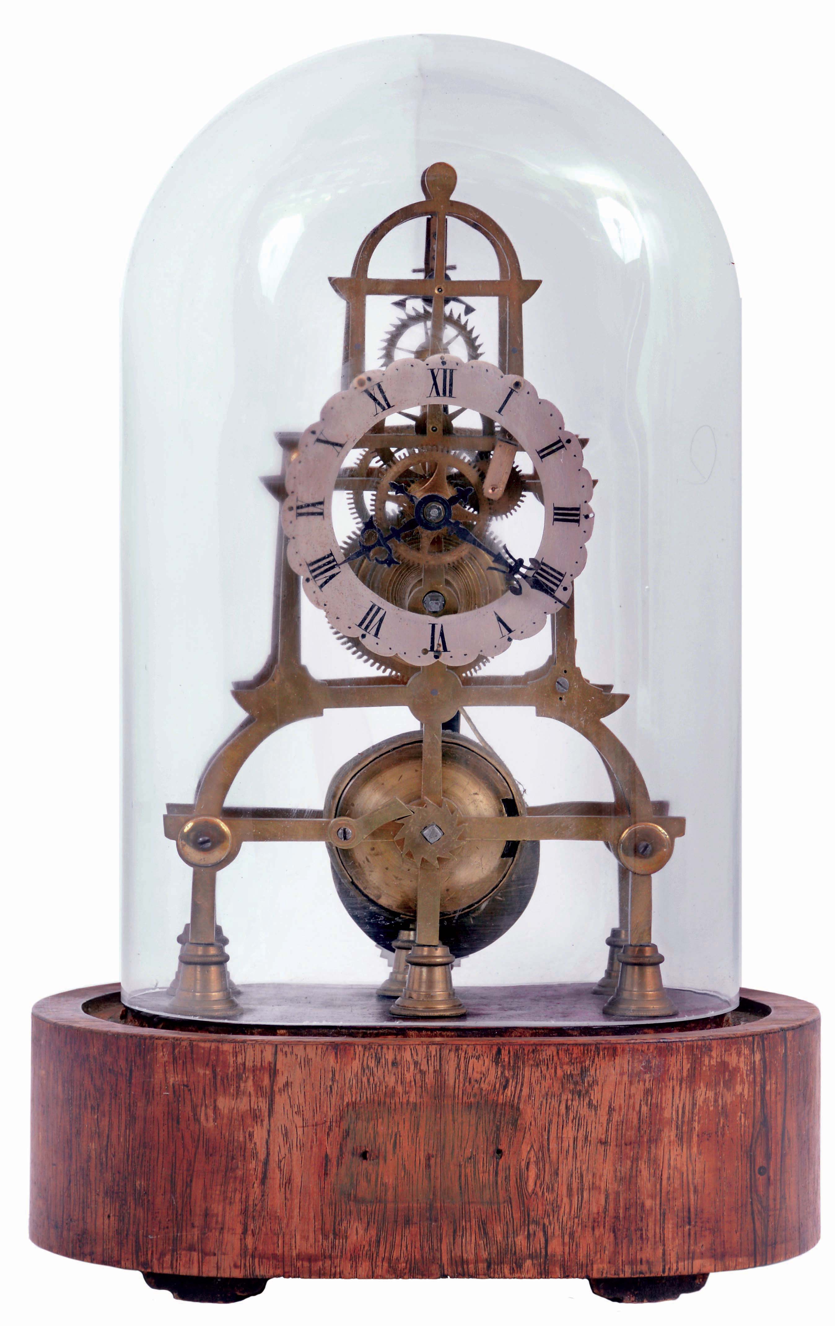English, single fusee skeleton clock, in a rafter frame, with scalloped & silvered brass dial, with a glass dome, c1890 — Antique Clocks Price Guide