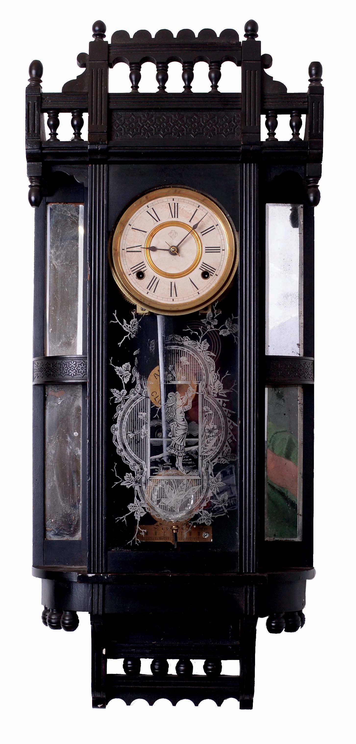 Ansonia Clock Co., New York, NY "Reflector" wall clock in an ebony finished case with a spring driven, 8 days, time & strike movement, c1886. — Antique Clocks Price Guide