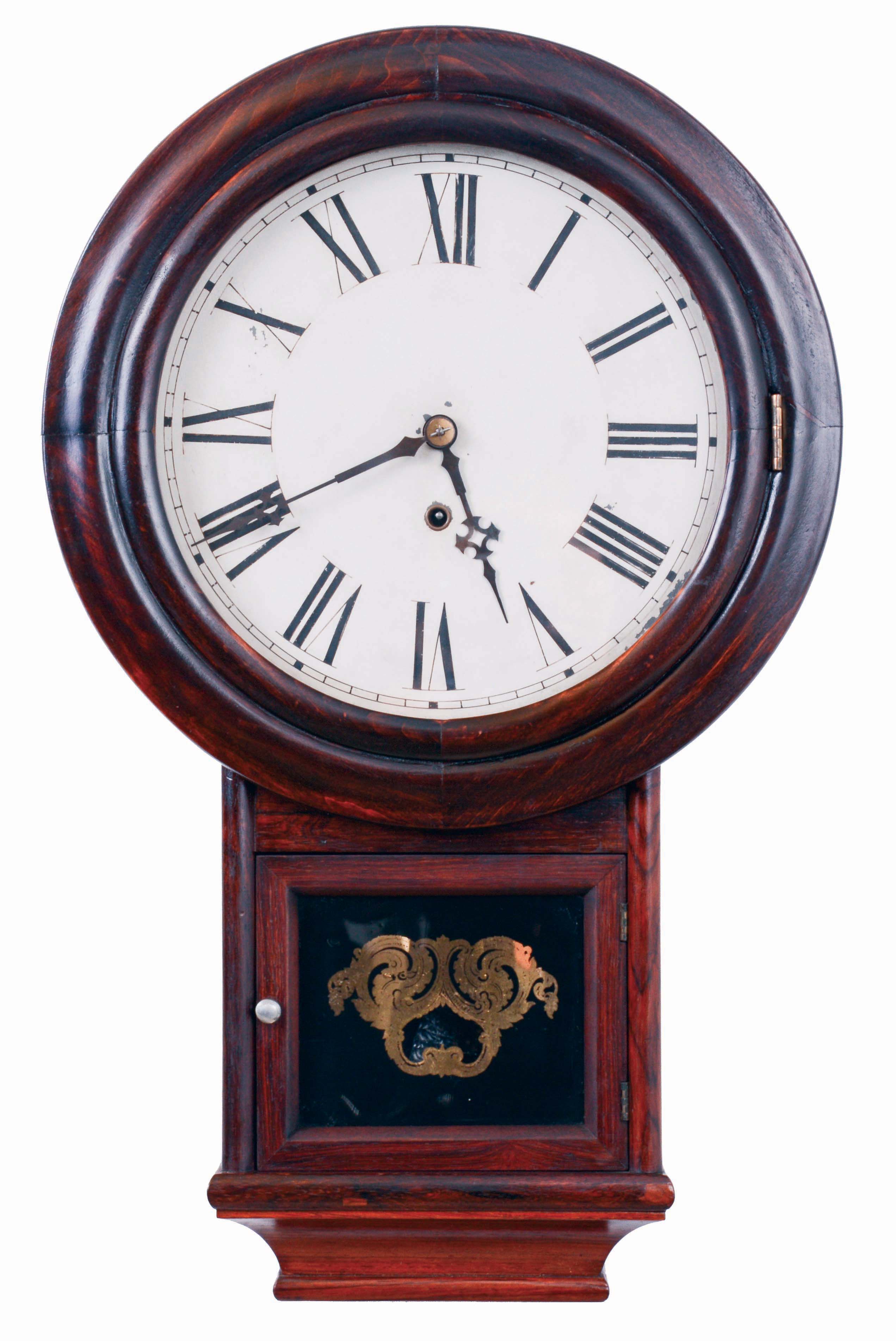 E. N. Welch Mfg. Co., Forestville, CT. "Round Top Drop" hanging clock in a rosewood case with an 8 day, spring driven timepiece movement, c1870. — Antique Clocks Price Guide