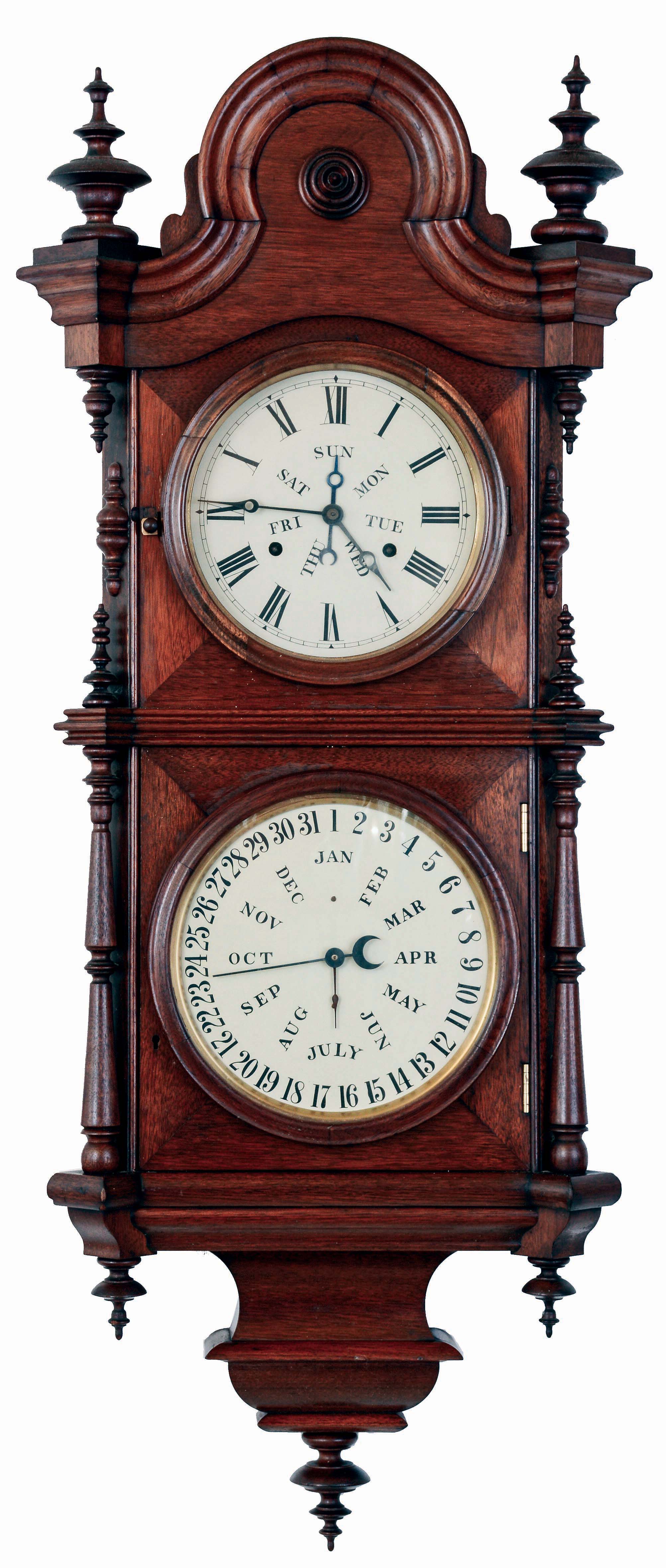 Welch, Spring & Co., Forestville, Conn., "Regulator Calendar No. 5 B.W." 30 day, double spring brass movement double dial wall calendar, c1878 — Antique Clocks Price Guide